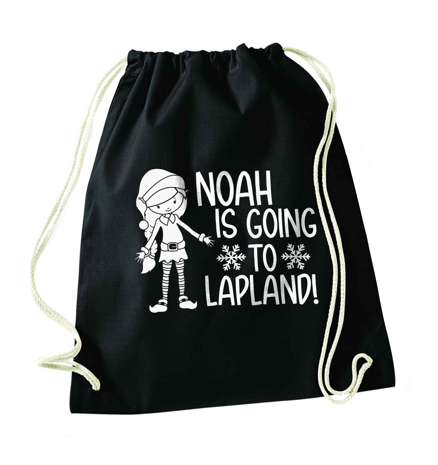Any name here - is going to Lapland personalised elf black drawstring bag