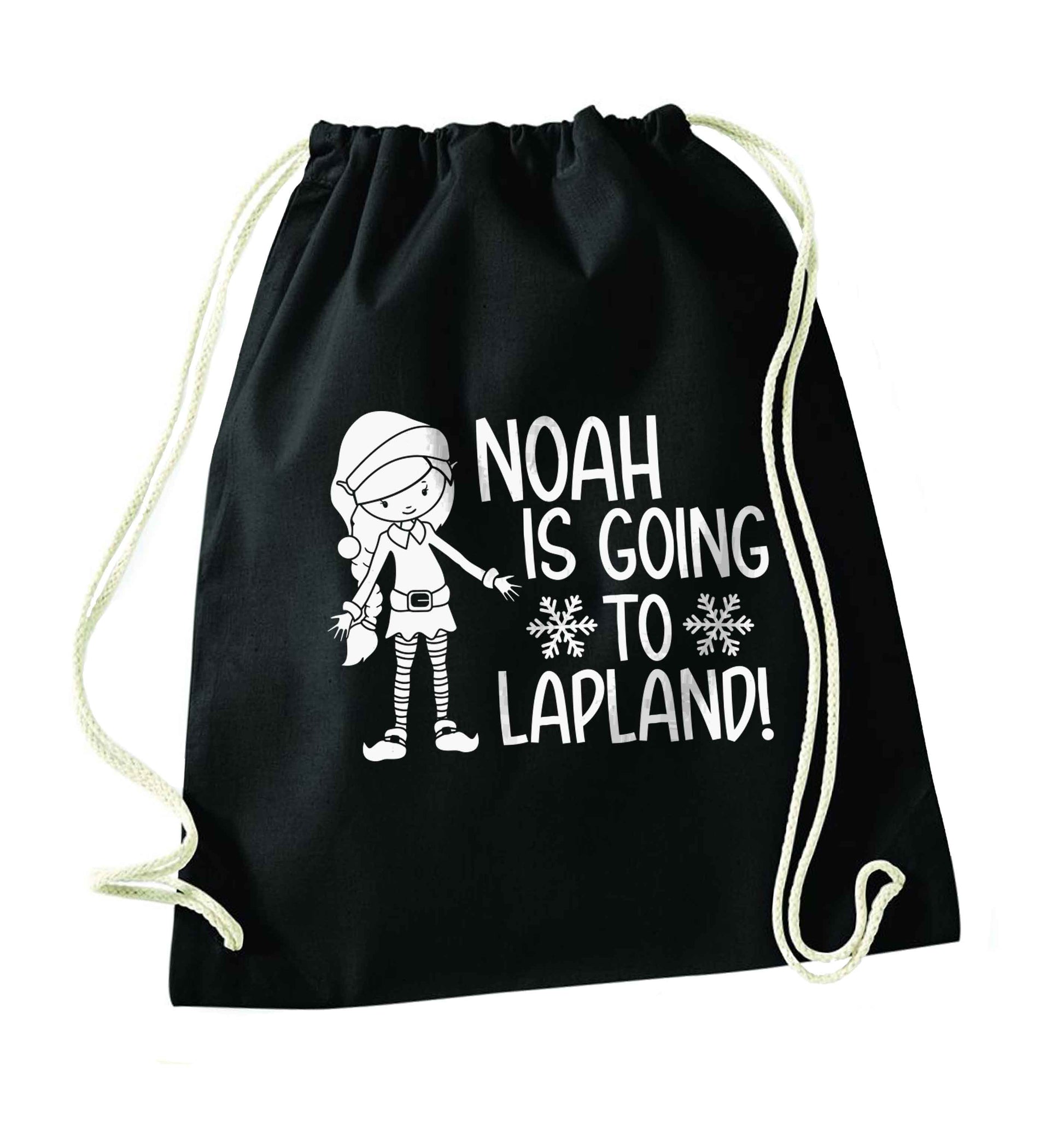 Any name here - is going to Lapland personalised elf black drawstring bag