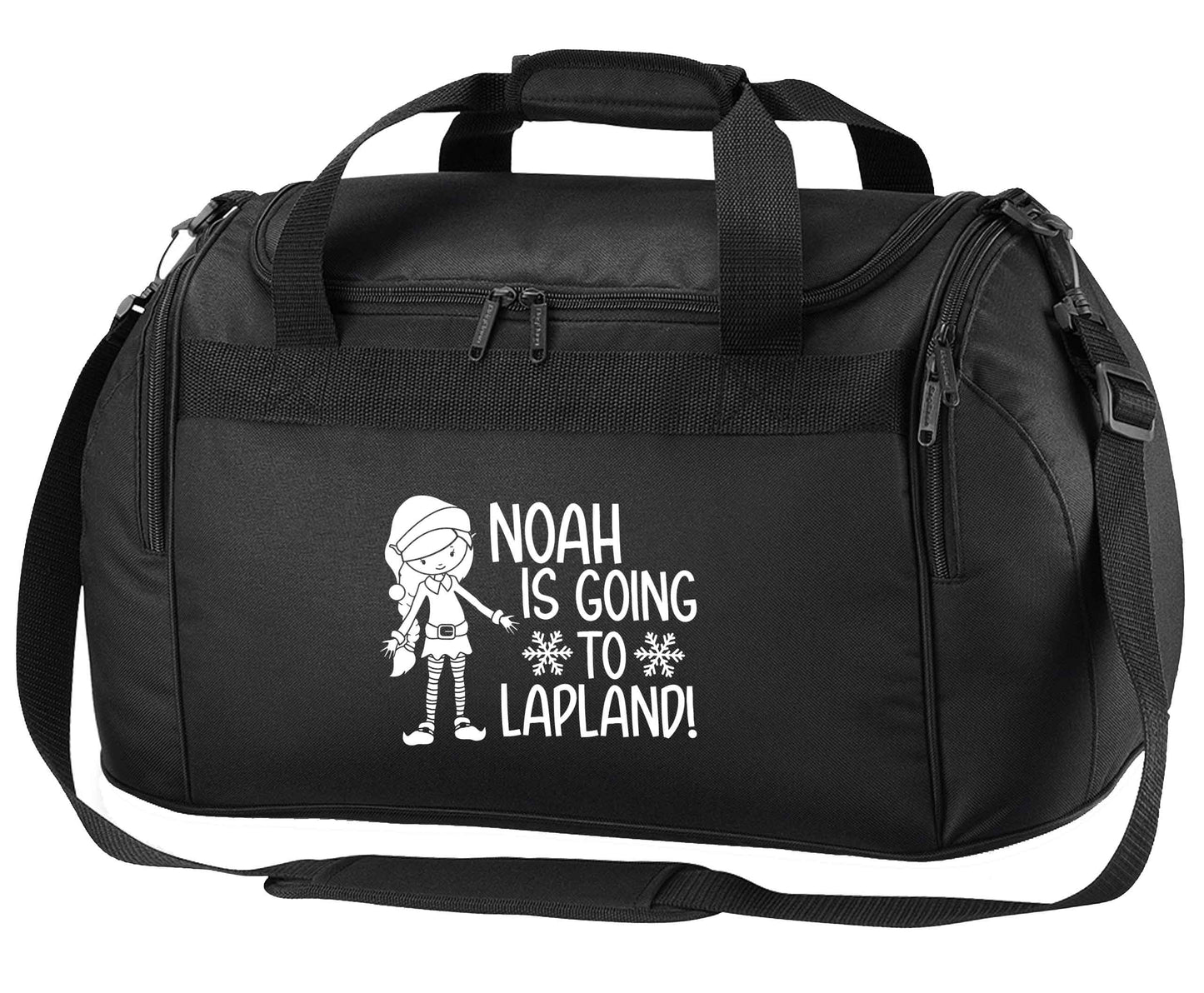 Any name here - is going to Lapland personalised elf black holdall / duffel bag