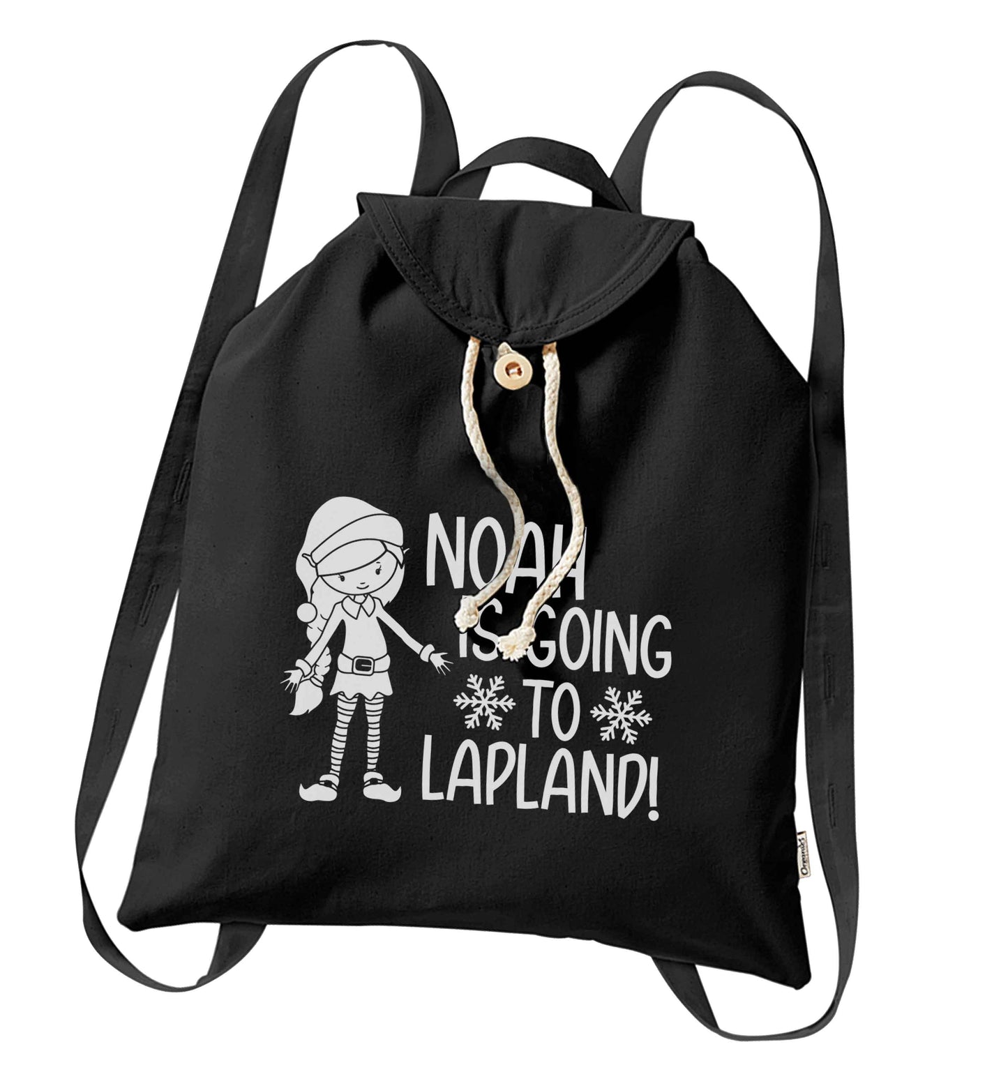 Any name here - is going to Lapland personalised elf organic cotton backpack tote with wooden buttons in black