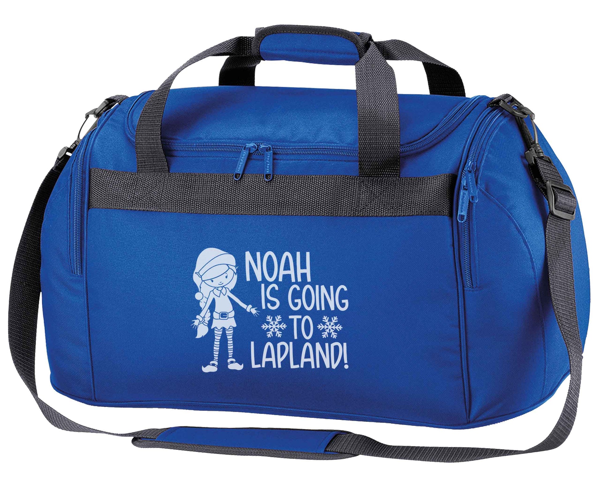 Any name here - is going to Lapland personalised elf royal blue holdall / duffel bag