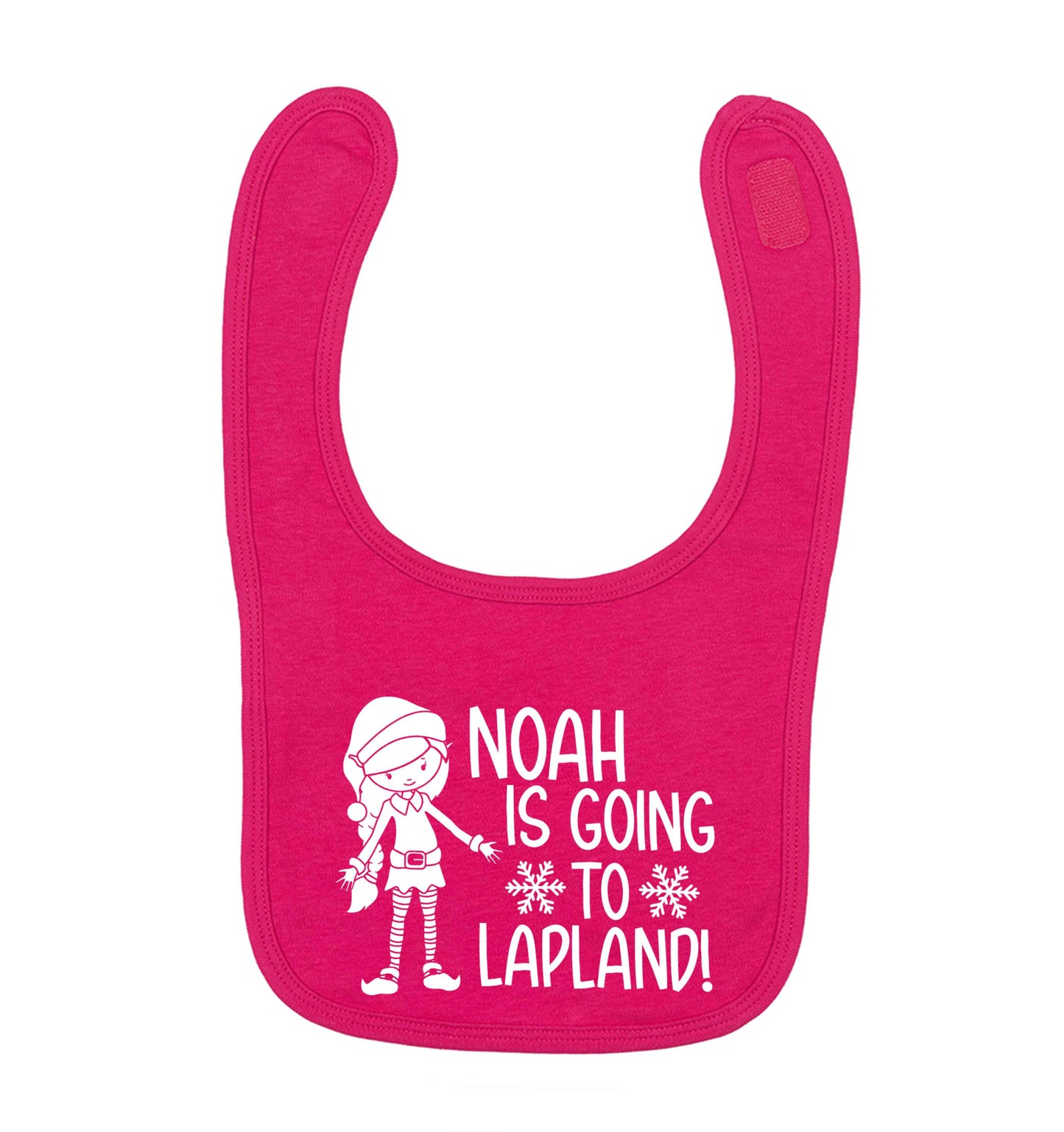 Any name here - is going to Lapland personalised elf dark pink baby bib
