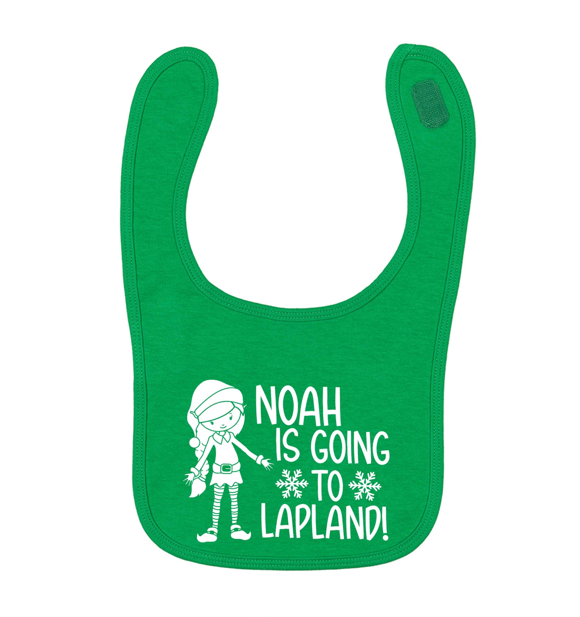 Any name here - is going to Lapland personalised elf green baby bib