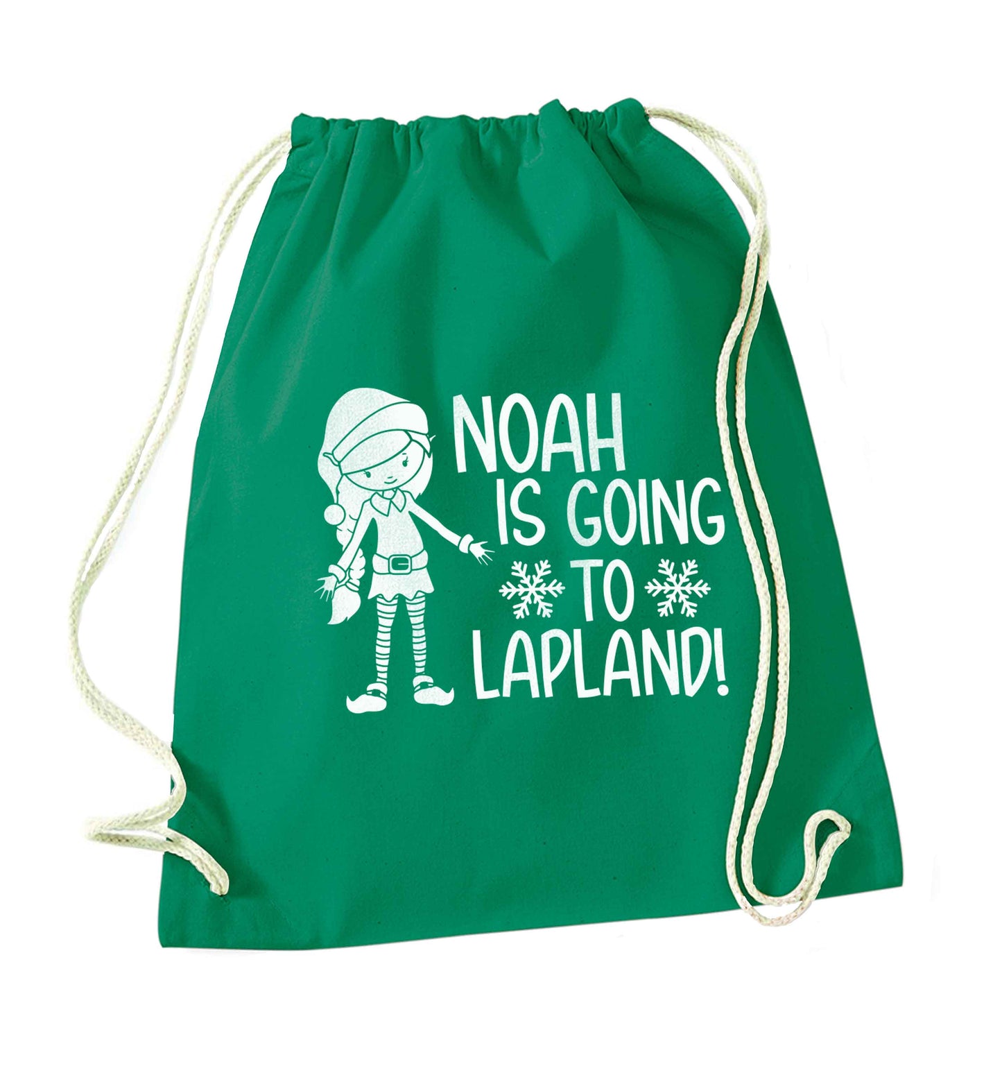 Any name here - is going to Lapland personalised elf green drawstring bag