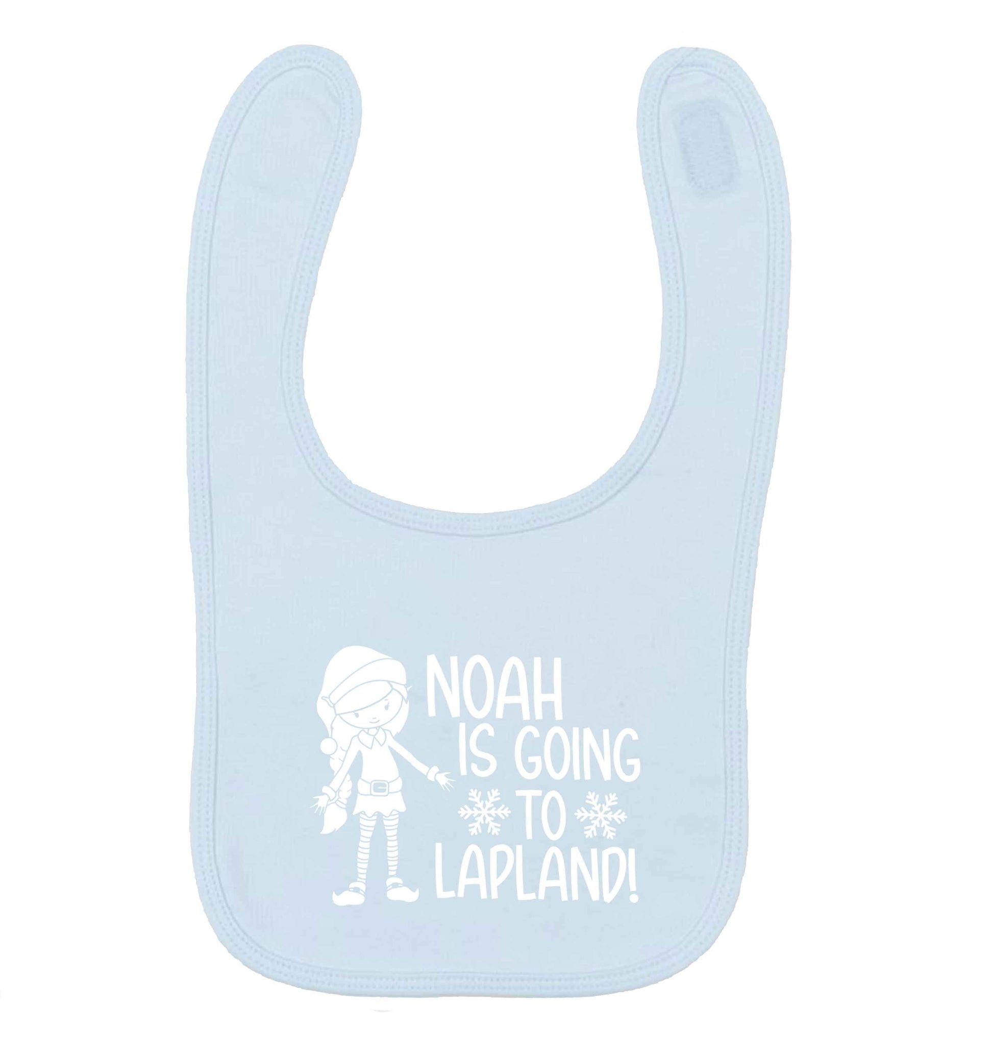 Any name here - is going to Lapland personalised elf pale blue baby bib