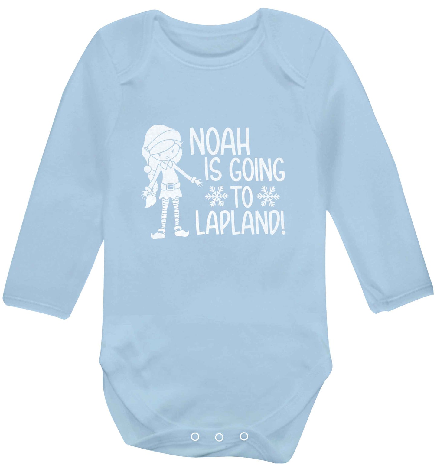 Any name here - is going to Lapland personalised elf baby vest long sleeved pale blue 6-12 months