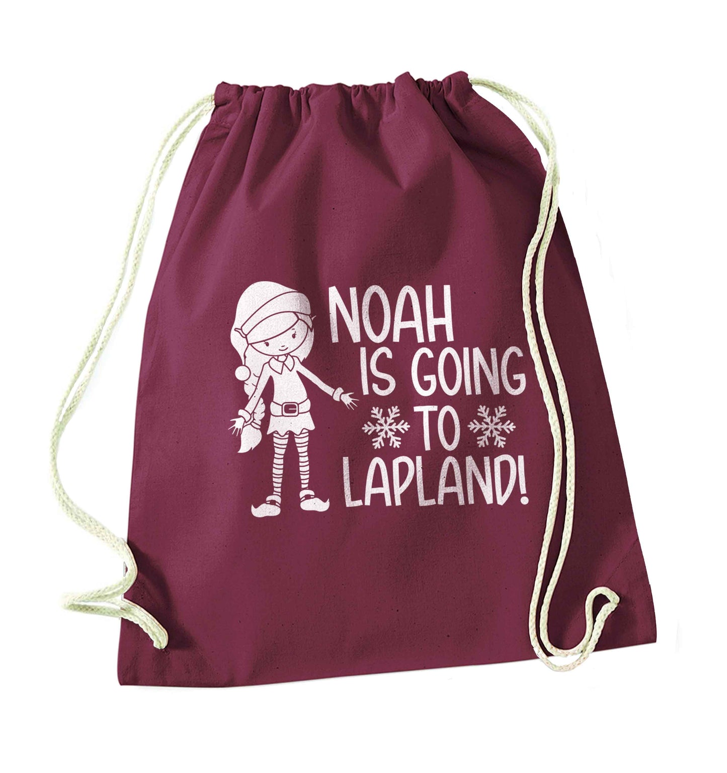 Any name here - is going to Lapland personalised elf maroon drawstring bag