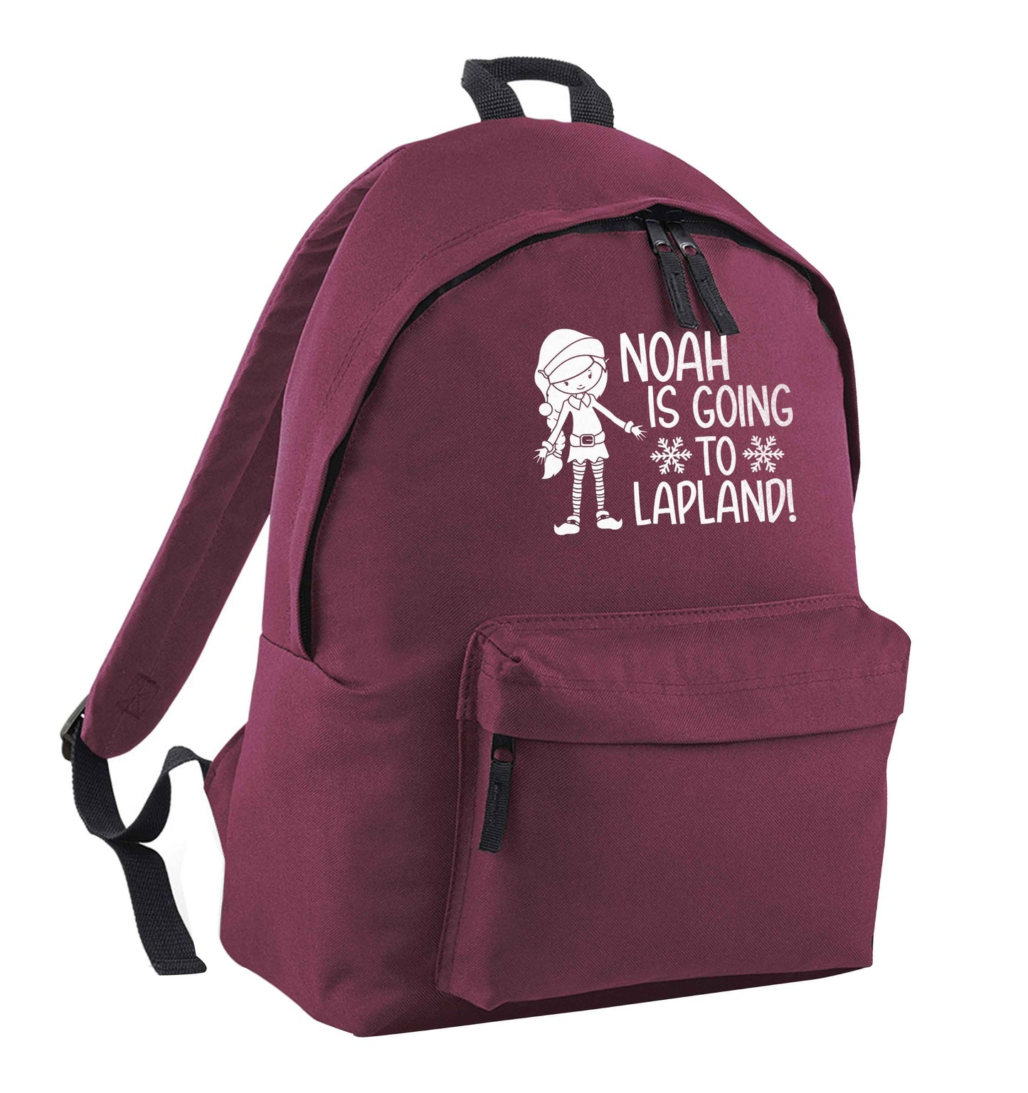 Any name here - is going to Lapland personalised elf maroon children's backpack