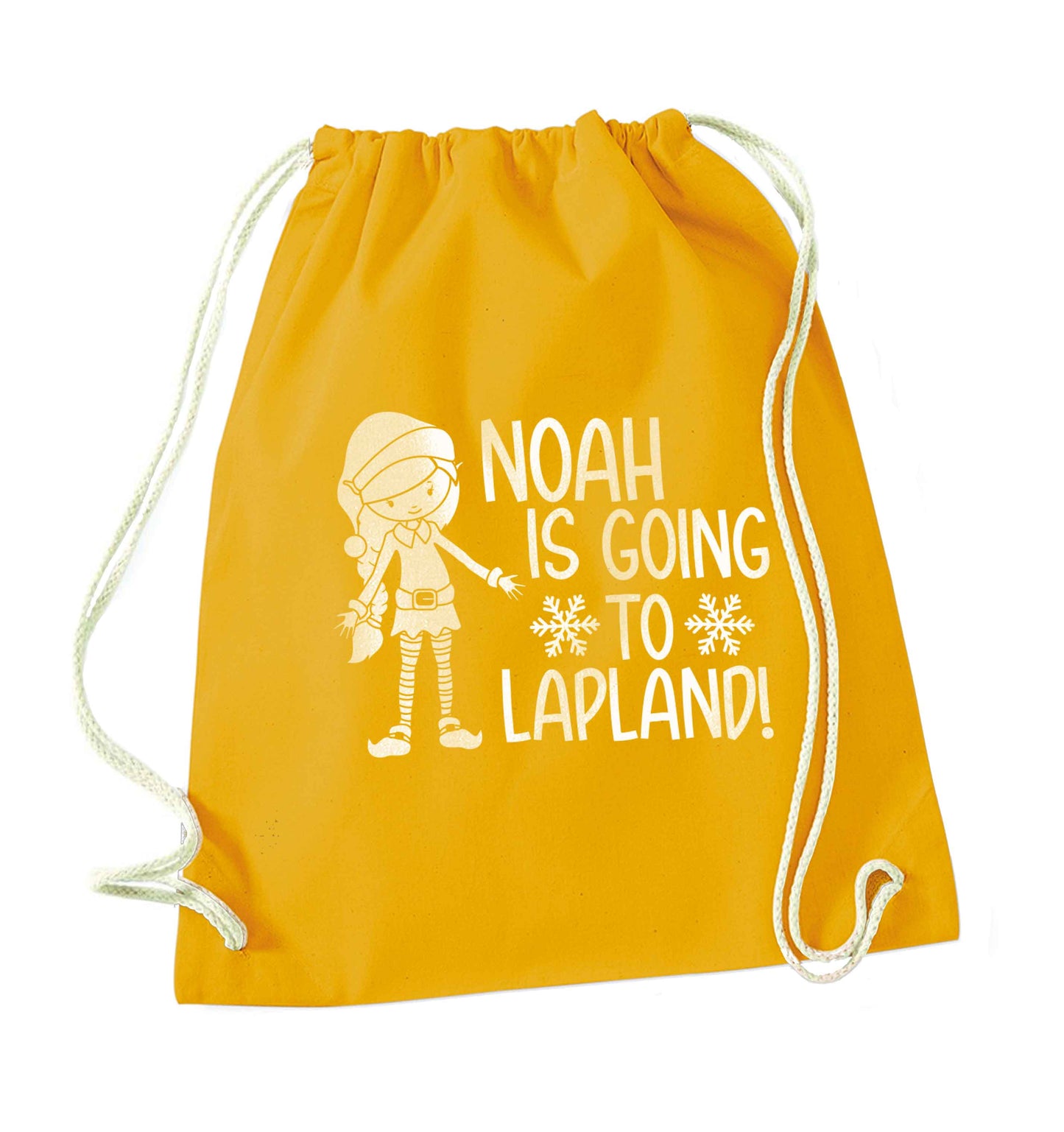 Any name here - is going to Lapland personalised elf mustard drawstring bag