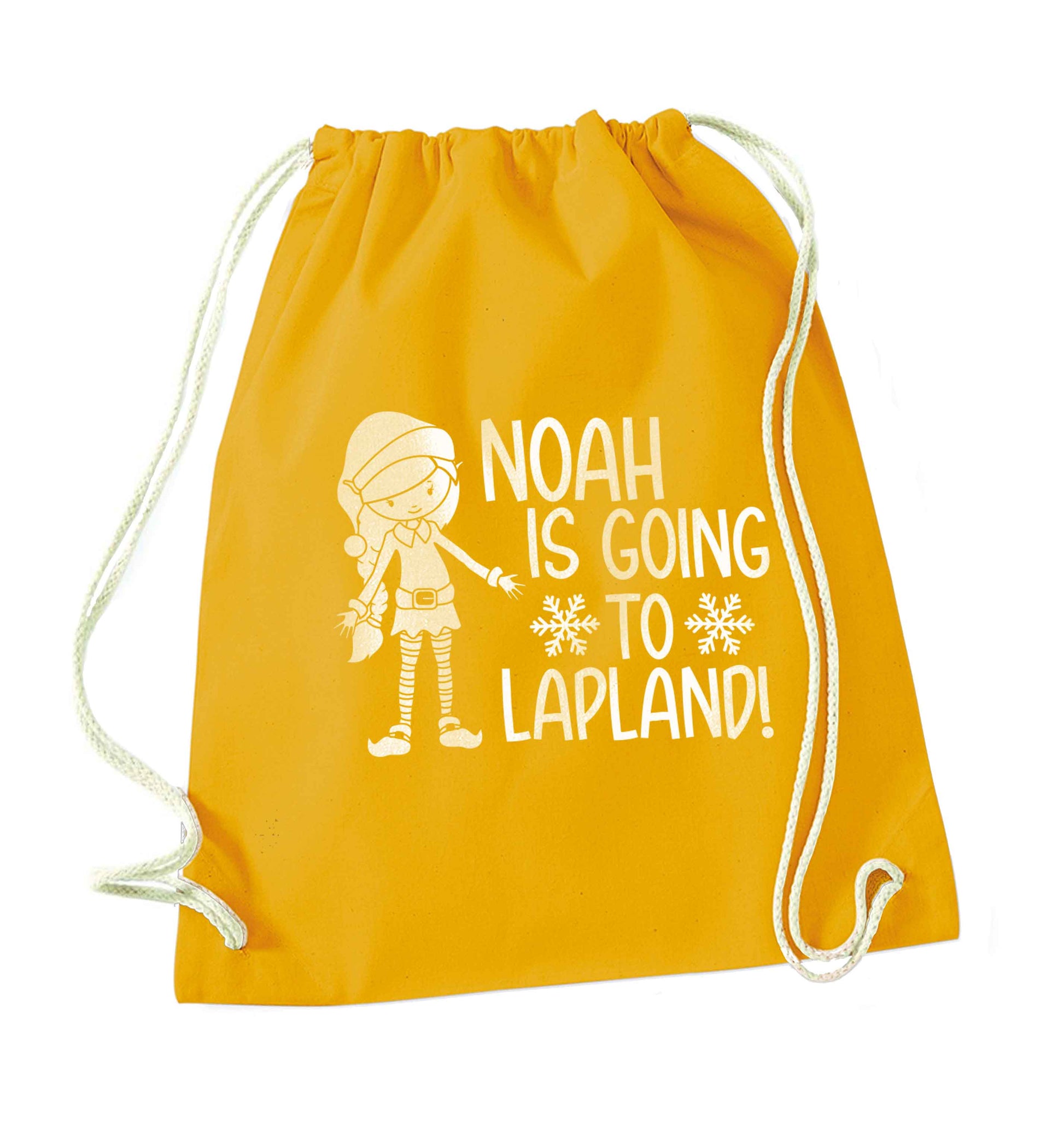Any name here - is going to Lapland personalised elf mustard drawstring bag
