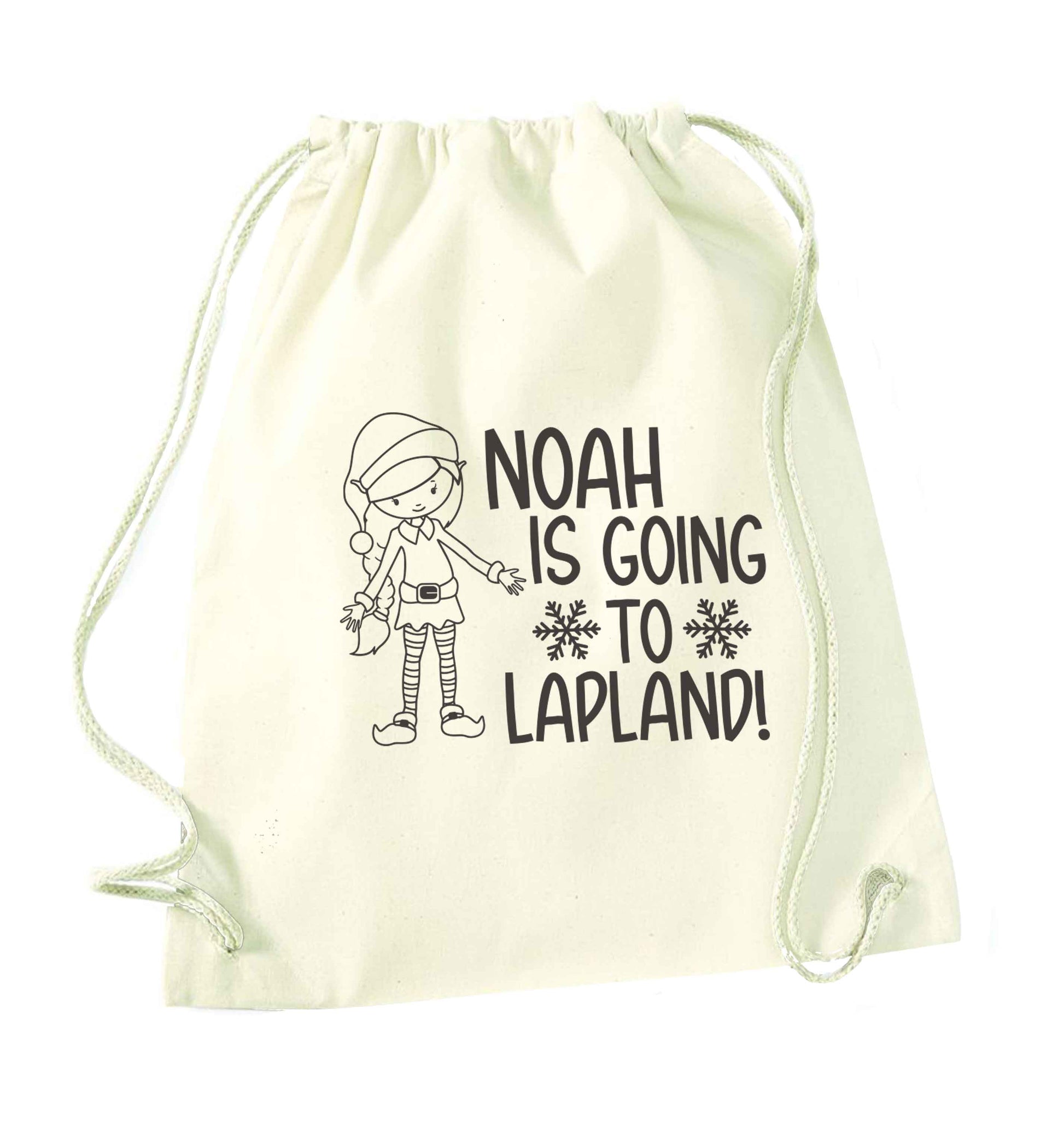 Any name here - is going to Lapland personalised elf natural drawstring bag