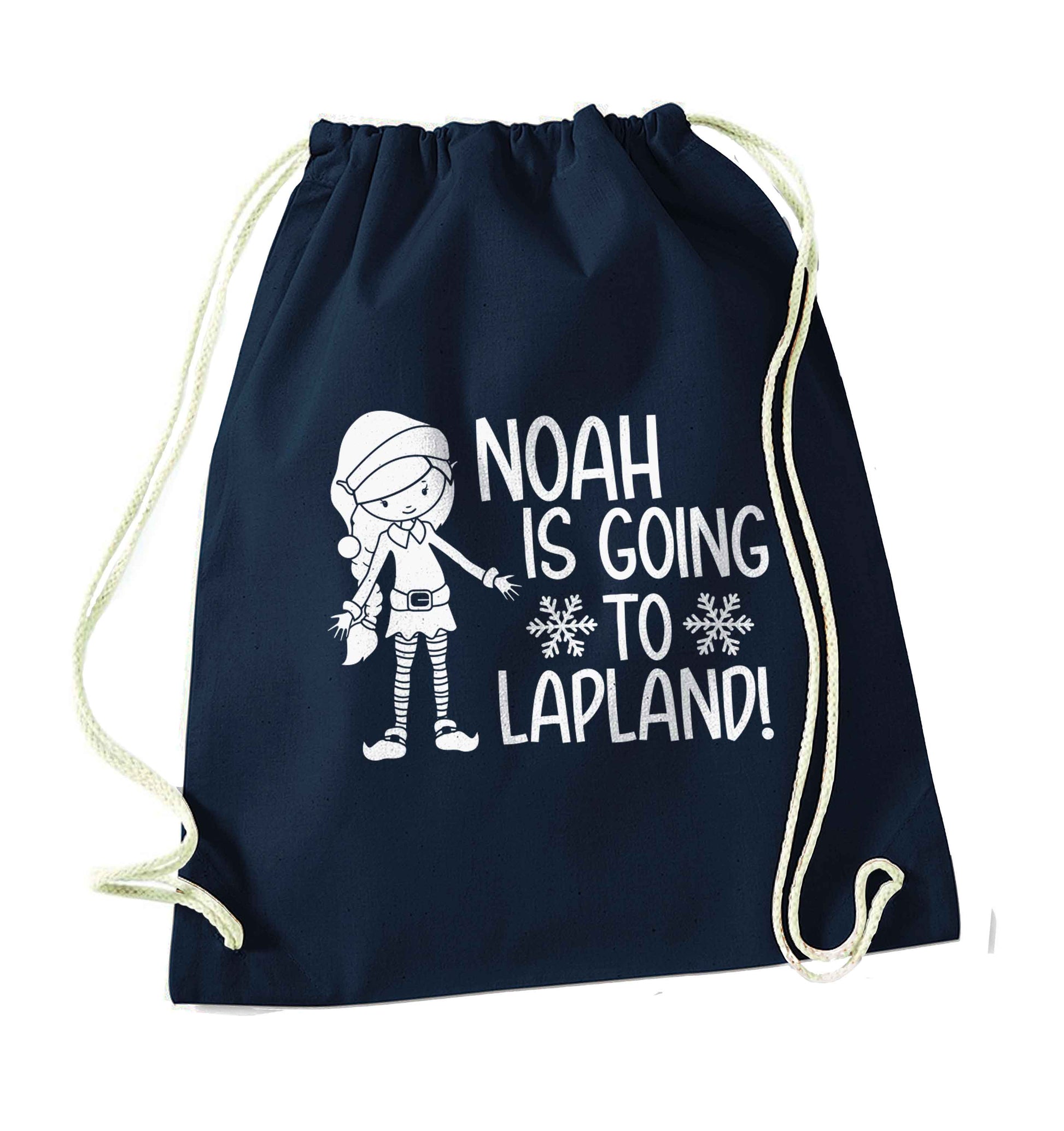 Any name here - is going to Lapland personalised elf navy drawstring bag