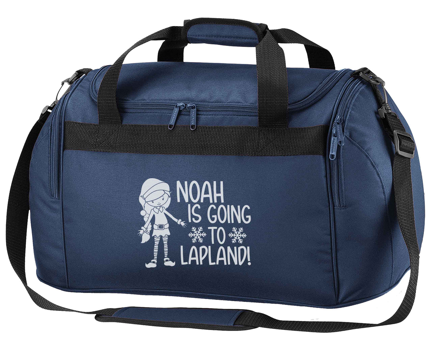 Any name here - is going to Lapland personalised elf navy holdall / duffel bag