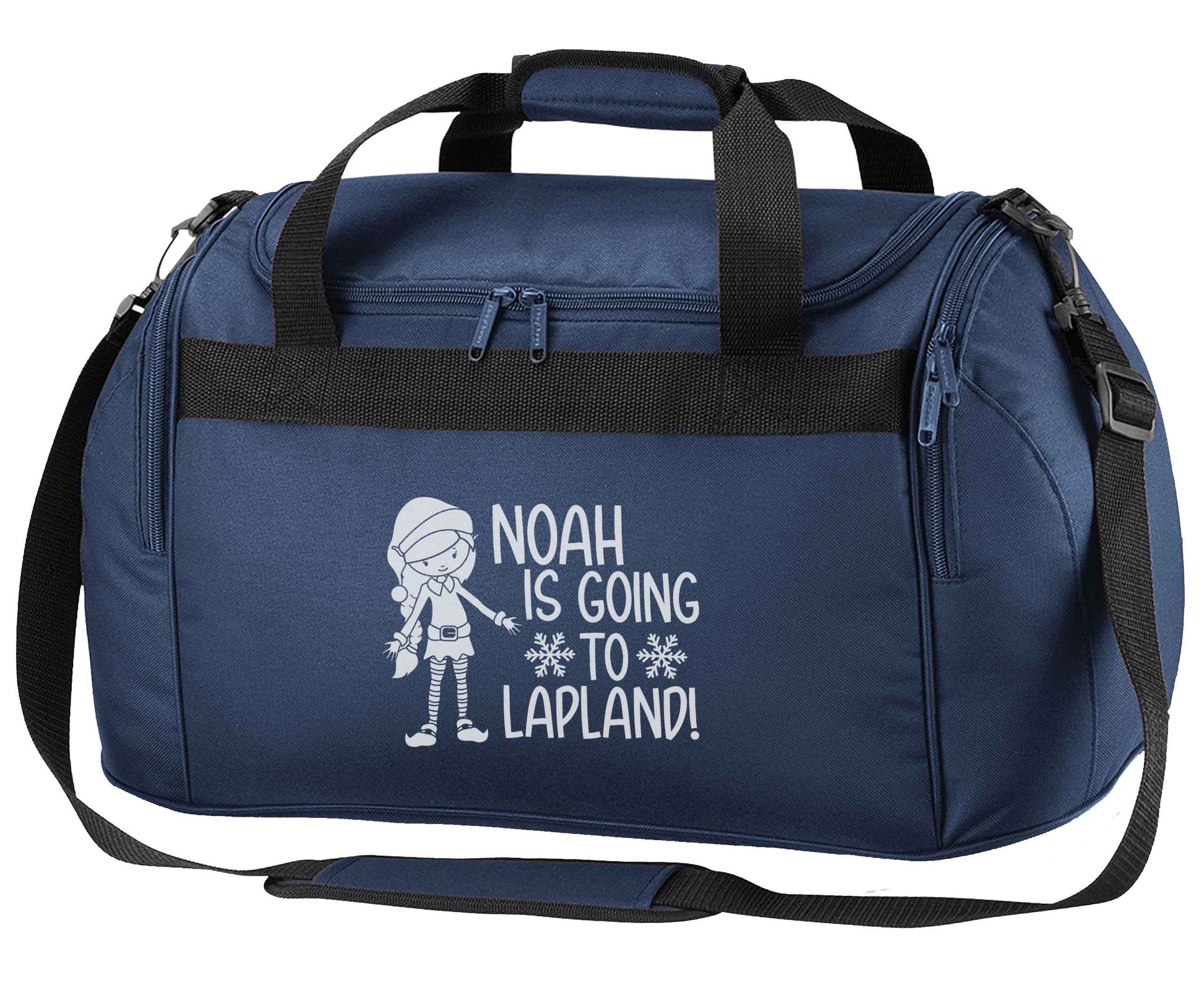 Any name here - is going to Lapland personalised elf navy holdall / duffel bag