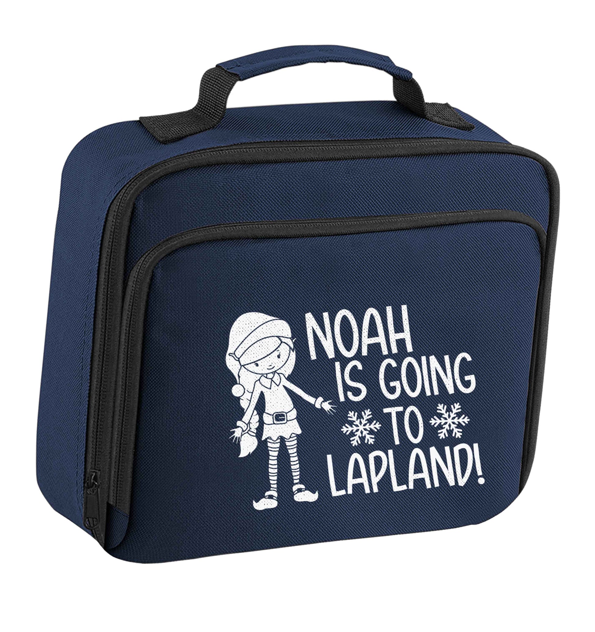 Any name here - is going to Lapland personalised elf insulated navy lunch bag cooler