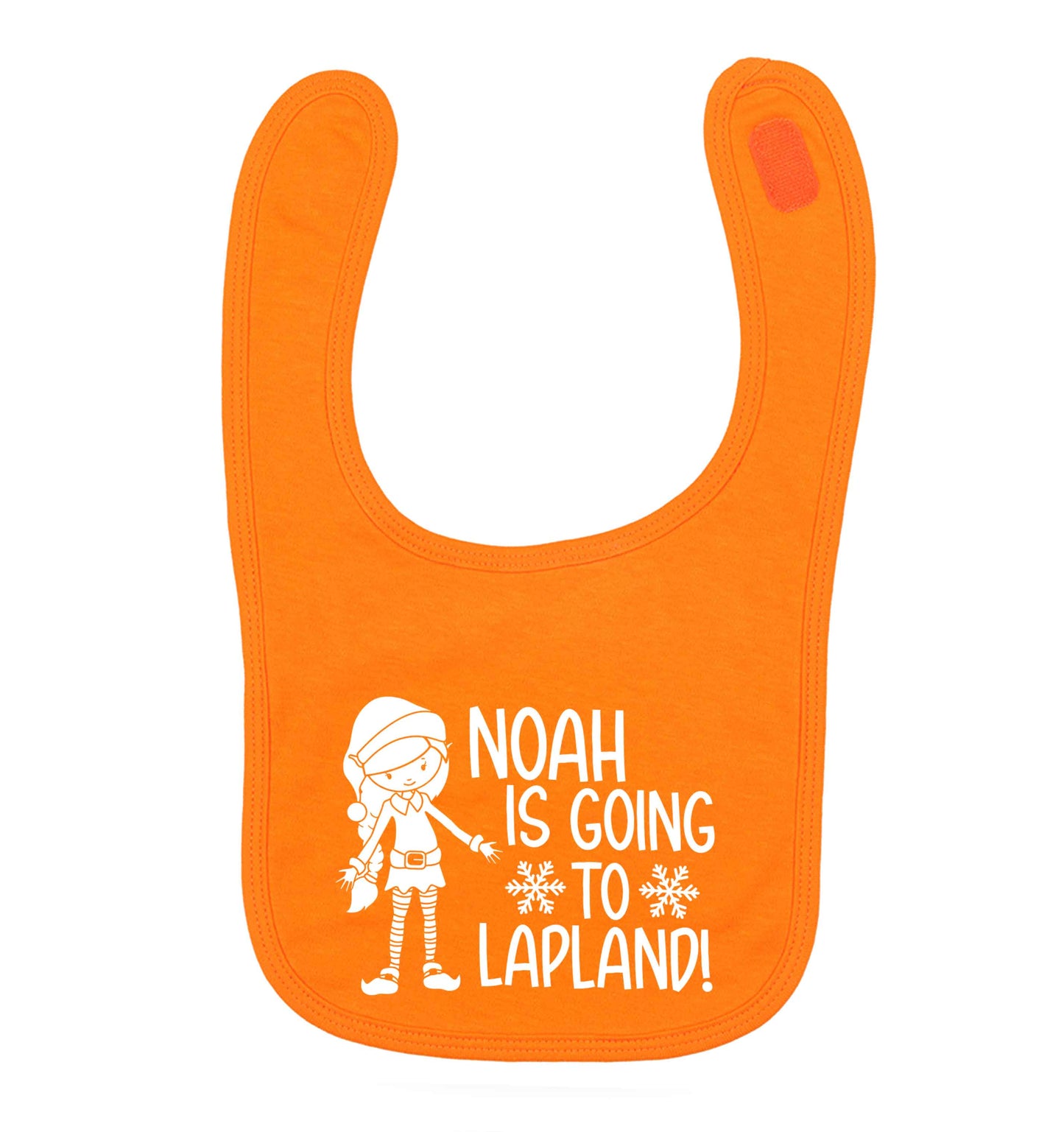 Any name here - is going to Lapland personalised elf orange baby bib