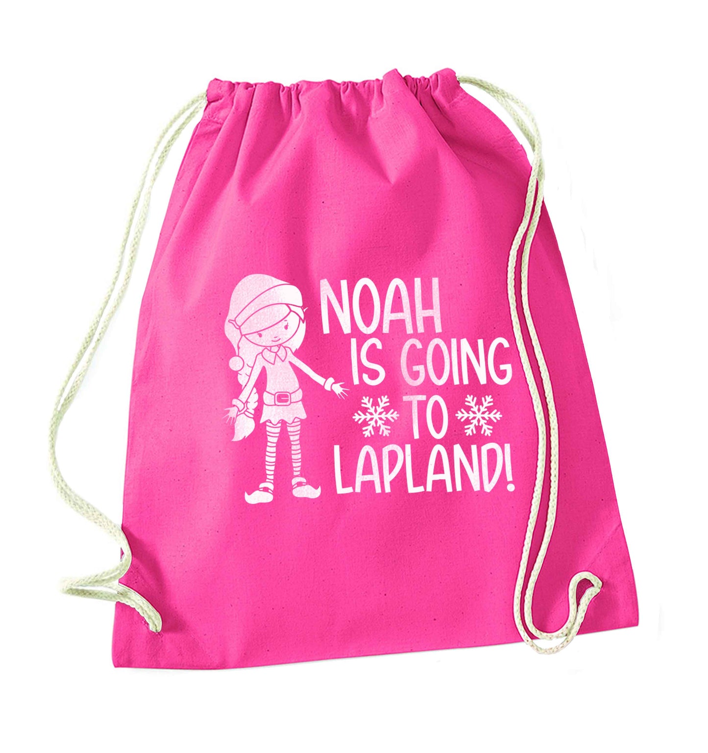 Any name here - is going to Lapland personalised elf pink drawstring bag