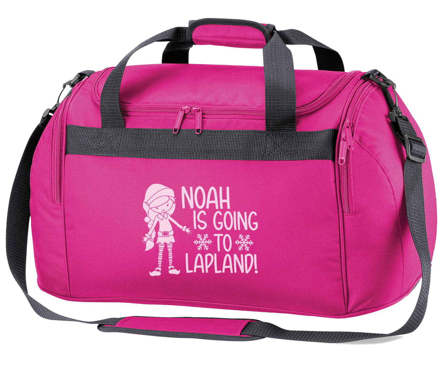 Any name here - is going to Lapland personalised elf pink holdall / duffel bag