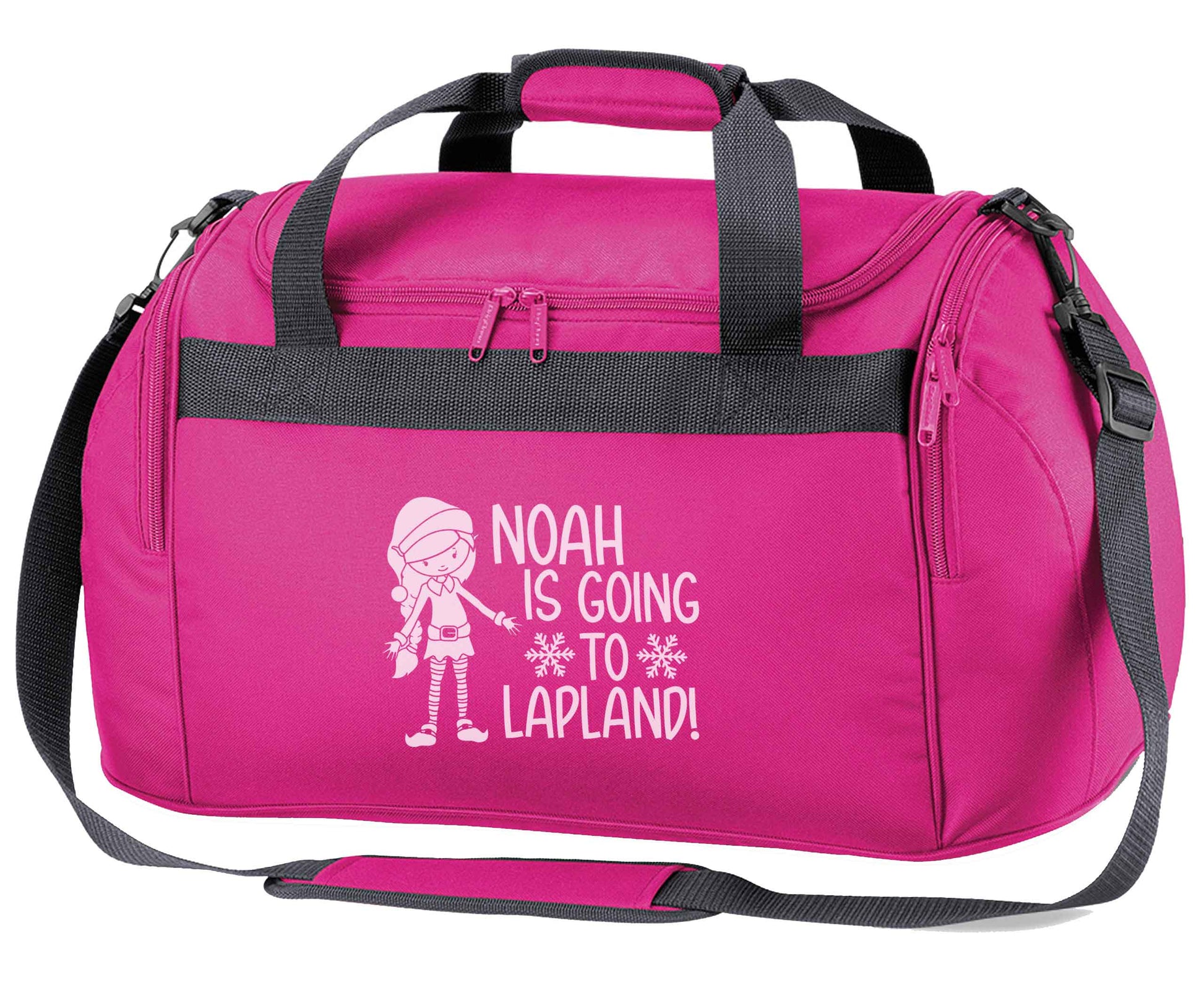 Any name here - is going to Lapland personalised elf pink holdall / duffel bag