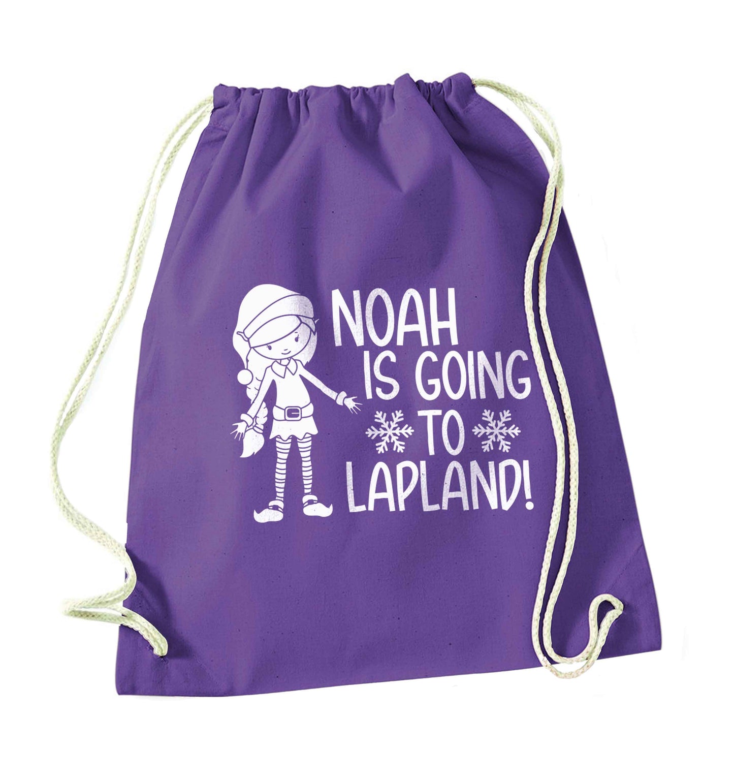 Any name here - is going to Lapland personalised elf purple drawstring bag