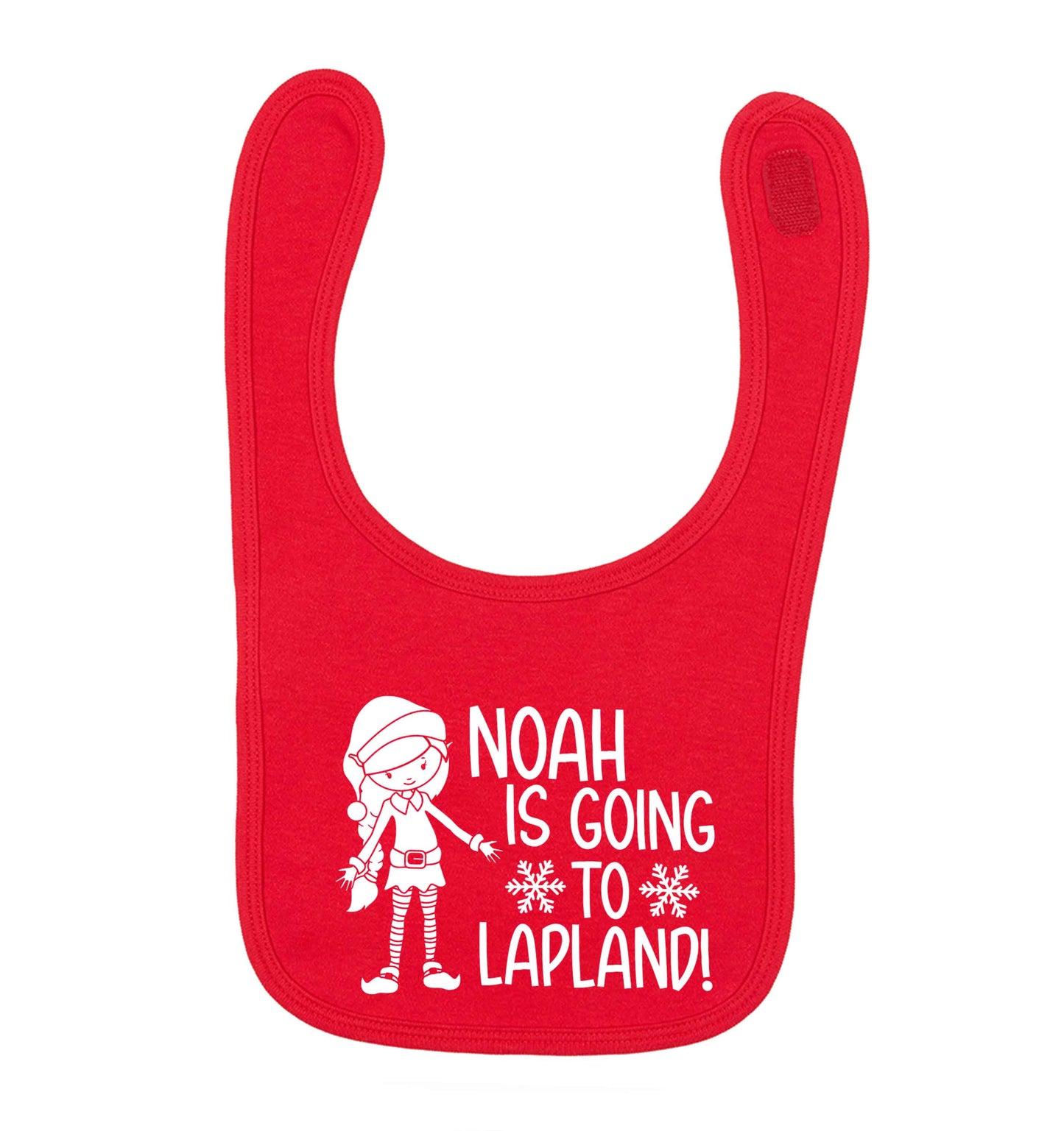 Any name here - is going to Lapland personalised elf red baby bib