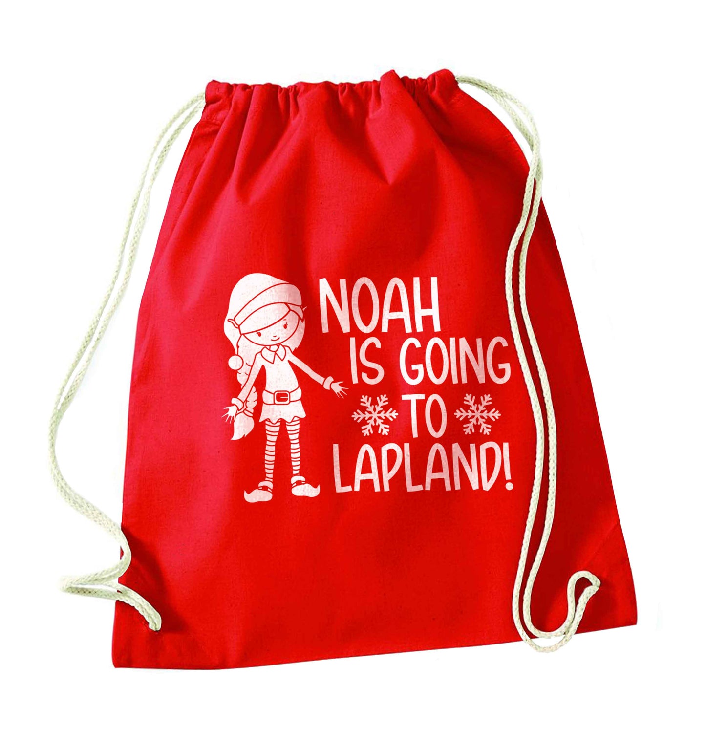 Any name here - is going to Lapland personalised elf red drawstring bag 