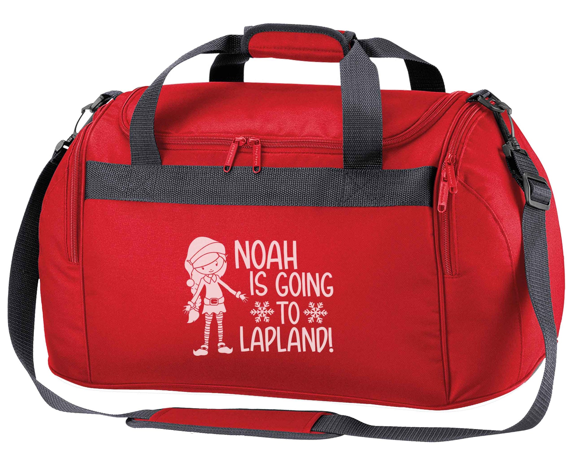Any name here - is going to Lapland personalised elf red holdall / duffel bag