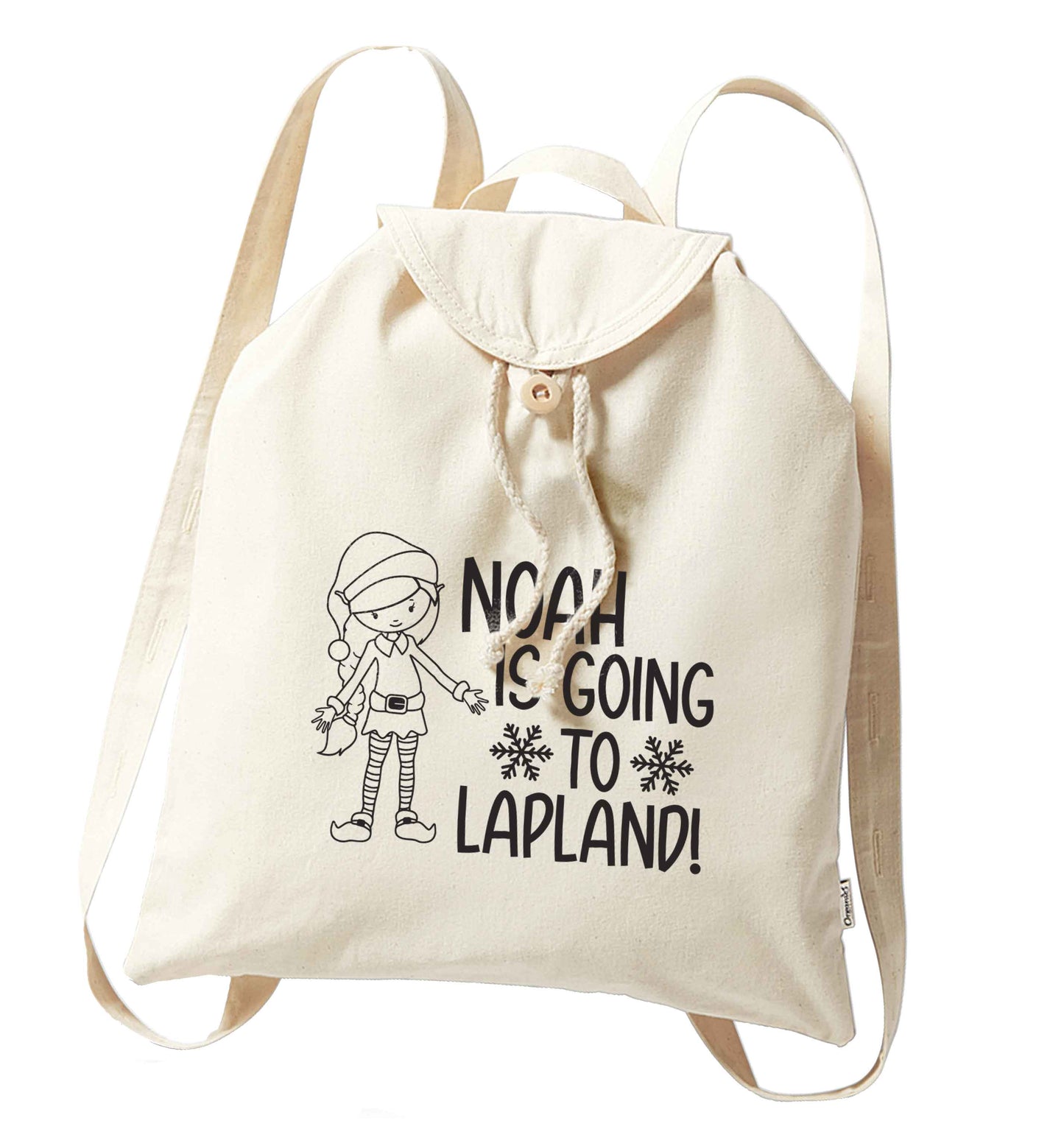 Any name here - is going to Lapland personalised elf organic cotton backpack tote with wooden buttons in natural