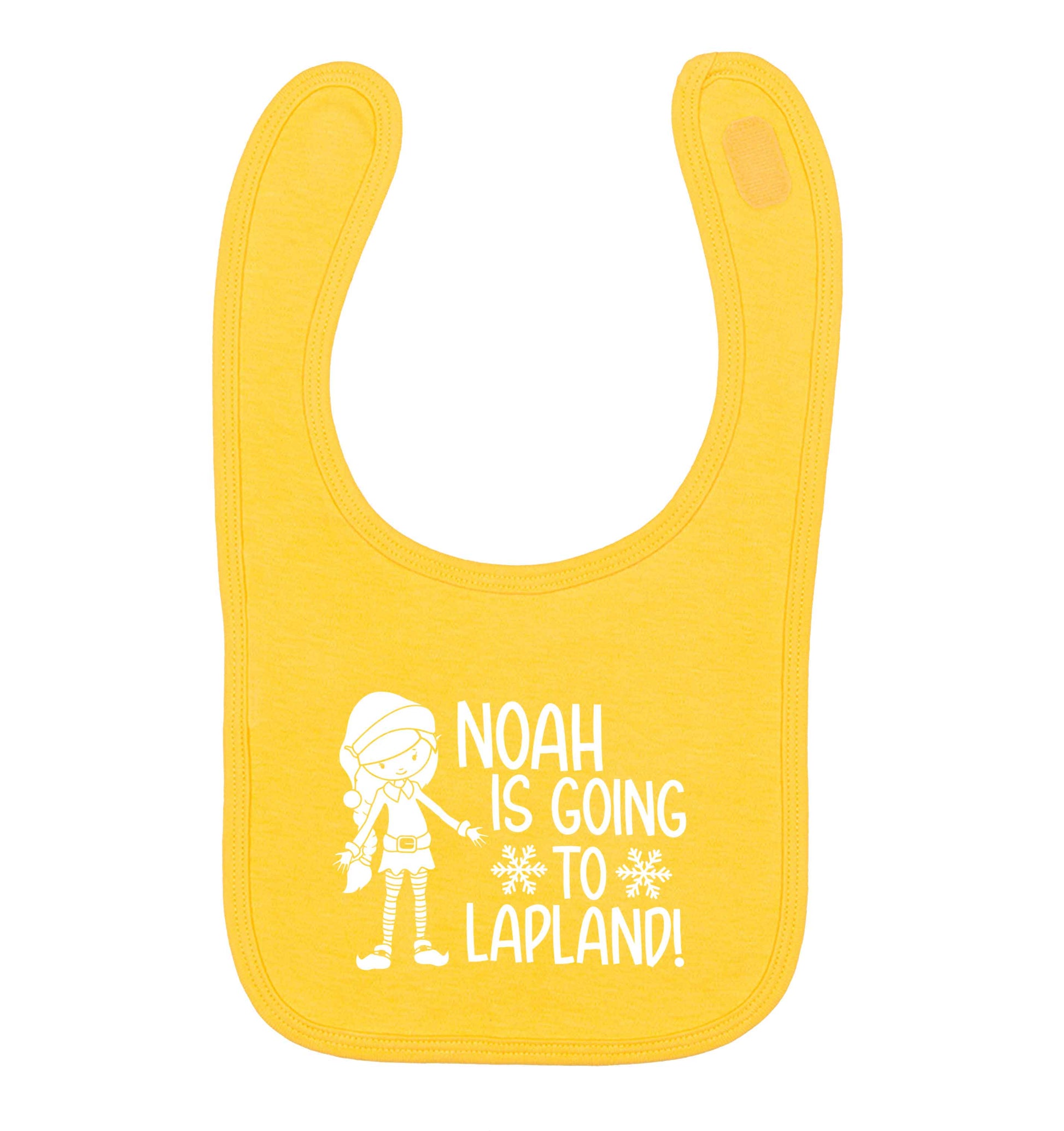 Any name here - is going to Lapland personalised elf yellow baby bib