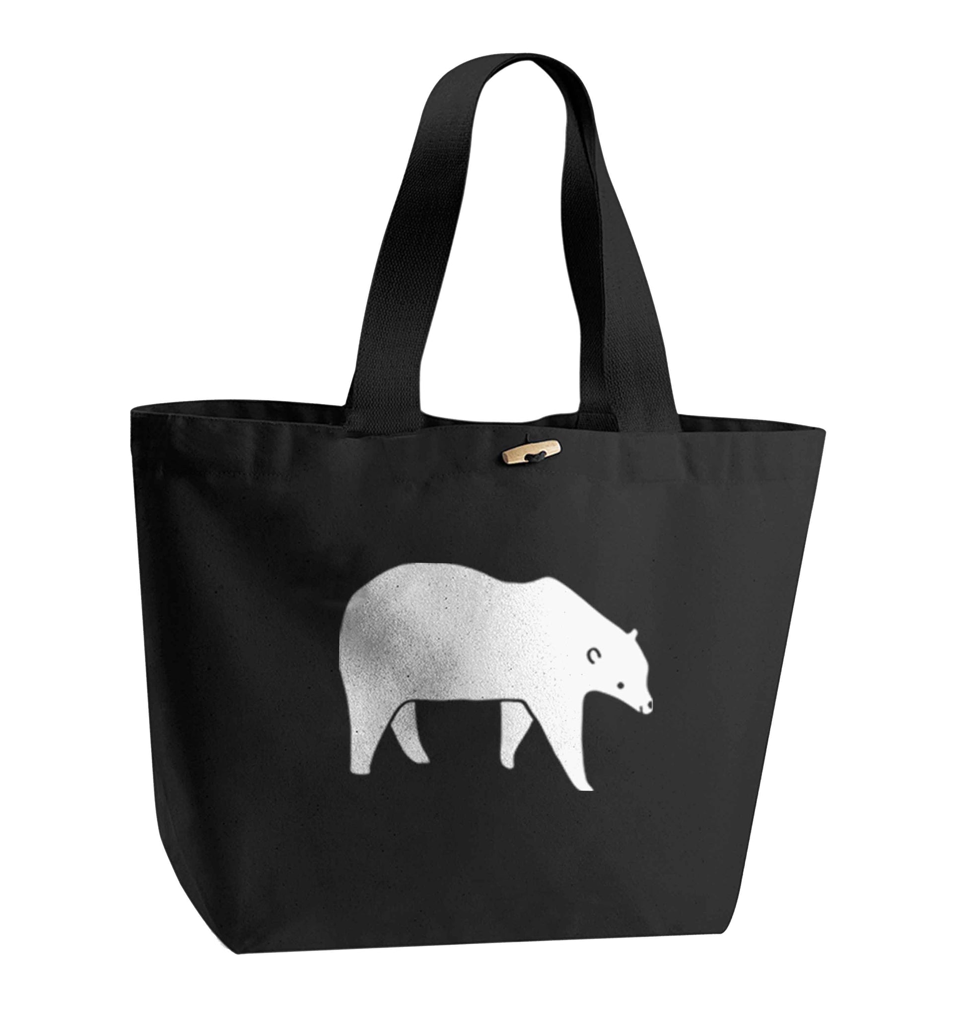 Polar Bear organic cotton premium tote bag with wooden toggle in black
