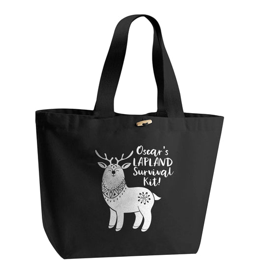 Personalised Lapland Survival Kit organic cotton premium tote bag with wooden toggle in black