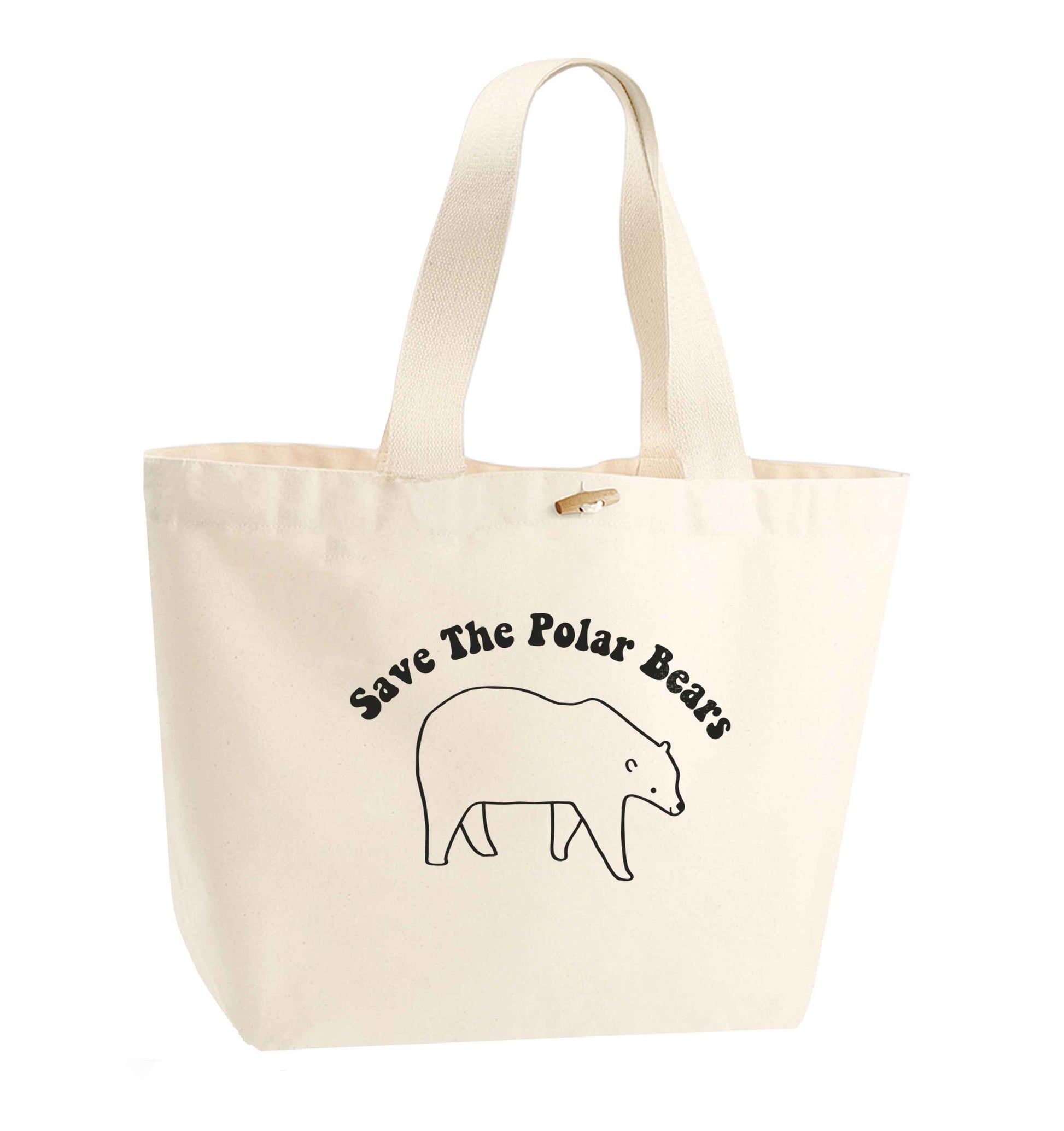 Save The Polar Bears organic cotton premium tote bag with wooden toggle in natural