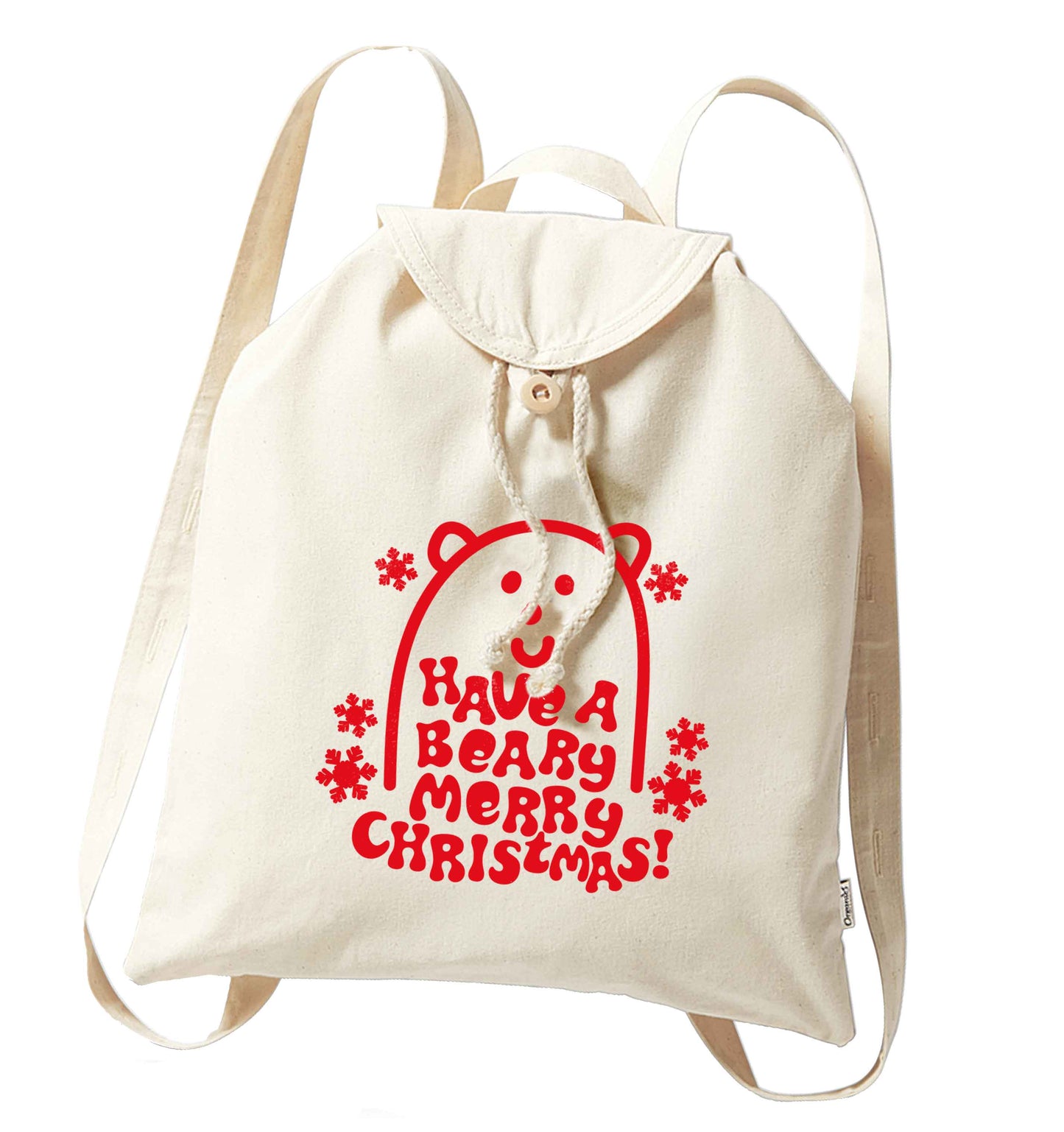 Save The Polar Bears organic cotton backpack tote with wooden buttons in natural