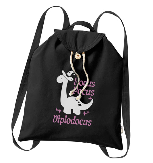 Hocus pocus diplodocus Kit organic cotton backpack tote with wooden buttons in black