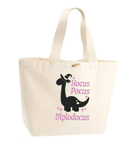 Hocus pocus diplodocus Kit organic cotton premium tote bag with wooden toggle in natural