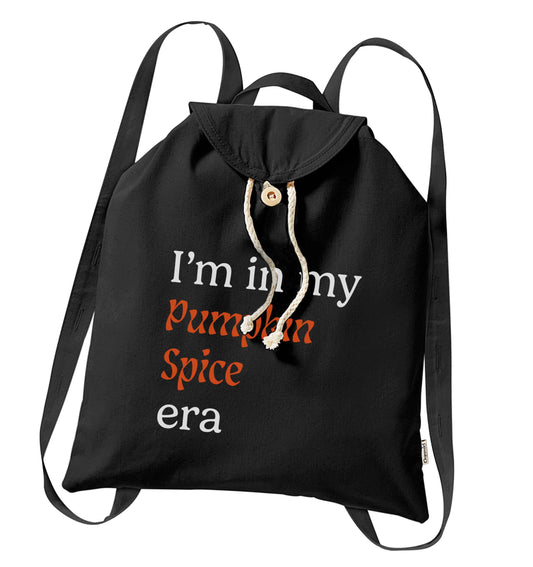 I'm in my pumpkin spice era Kit organic cotton backpack tote with wooden buttons in black