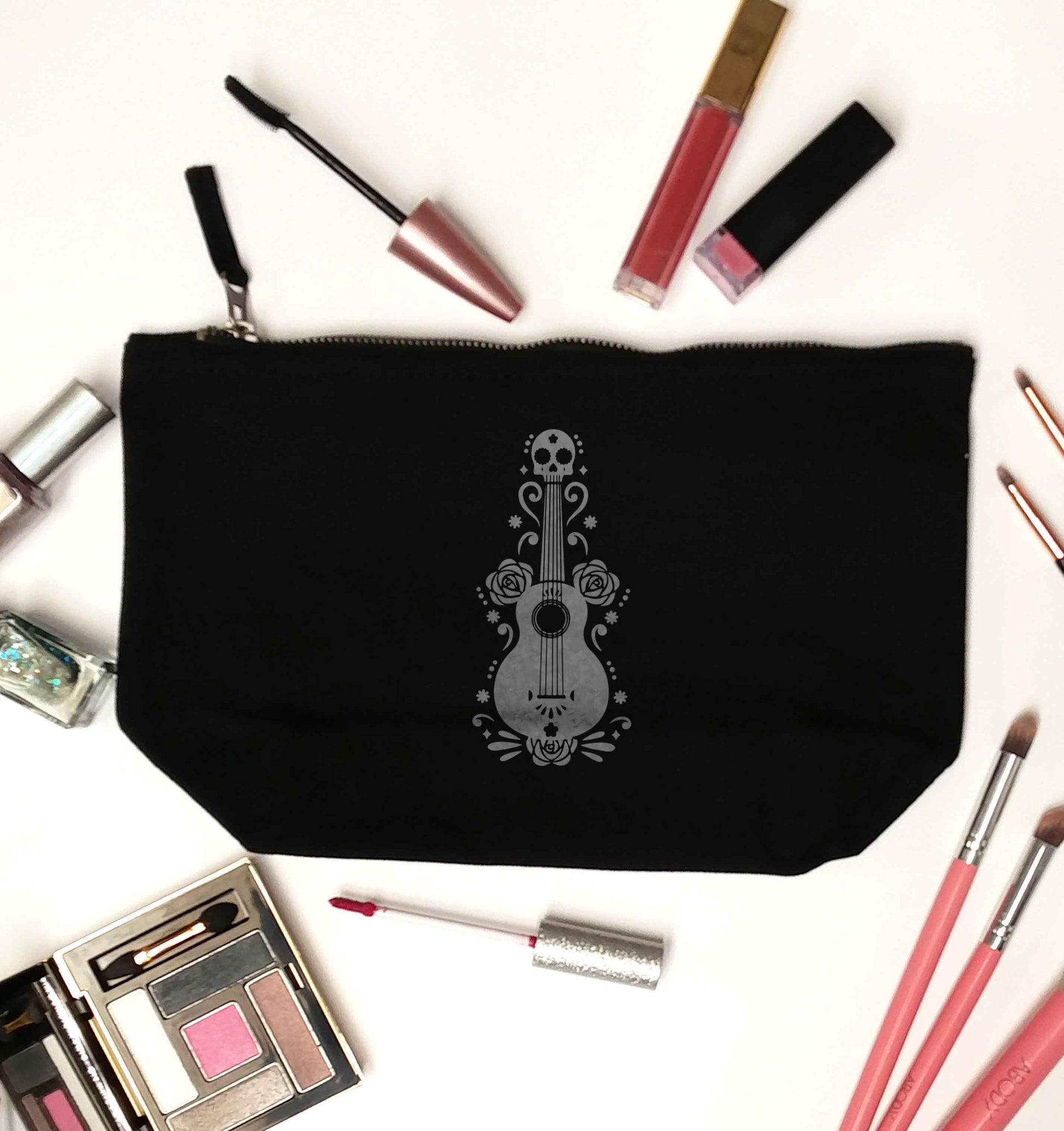 Guitar skull illustration black makeup bag