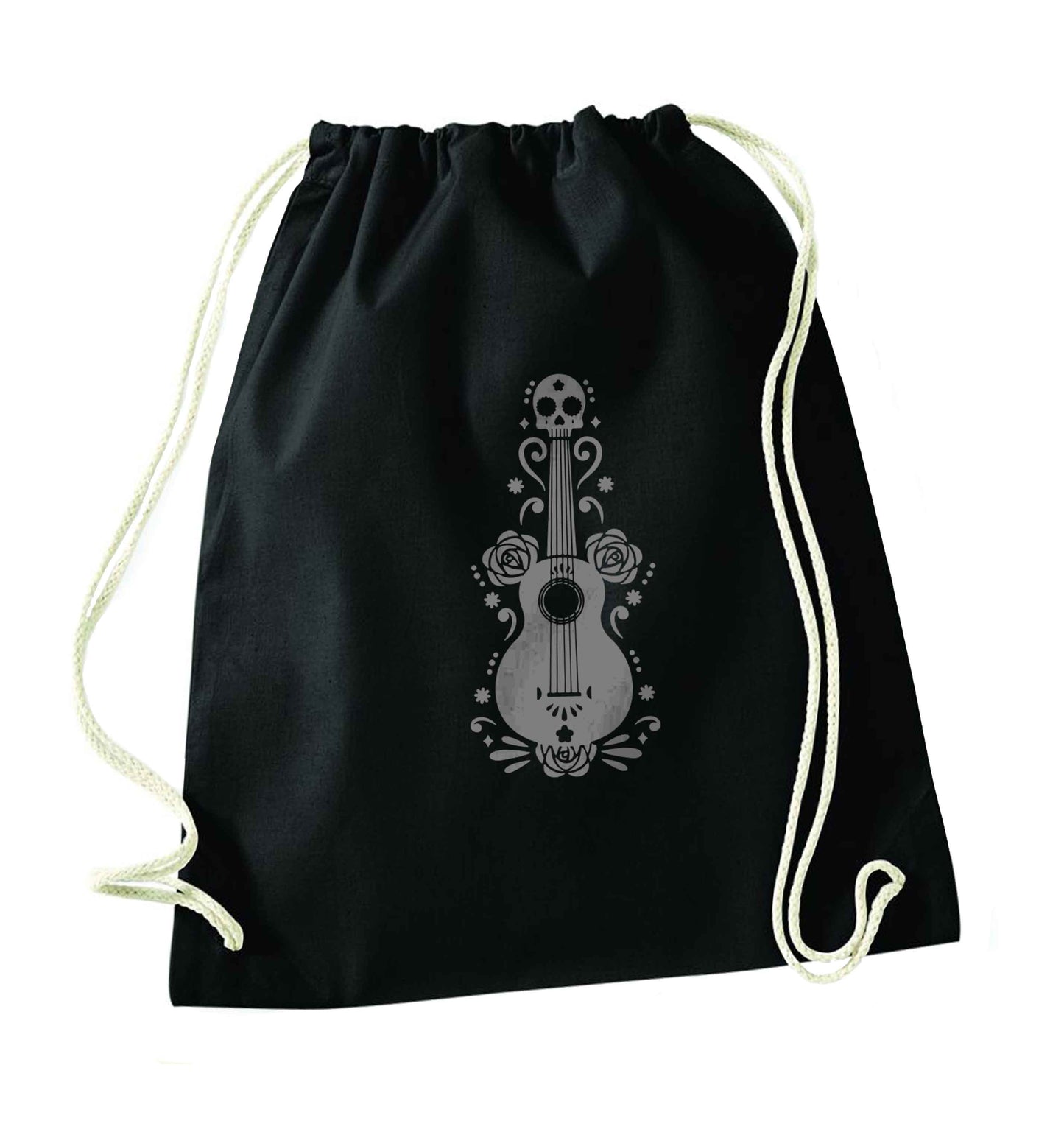 Guitar skull illustration black drawstring bag