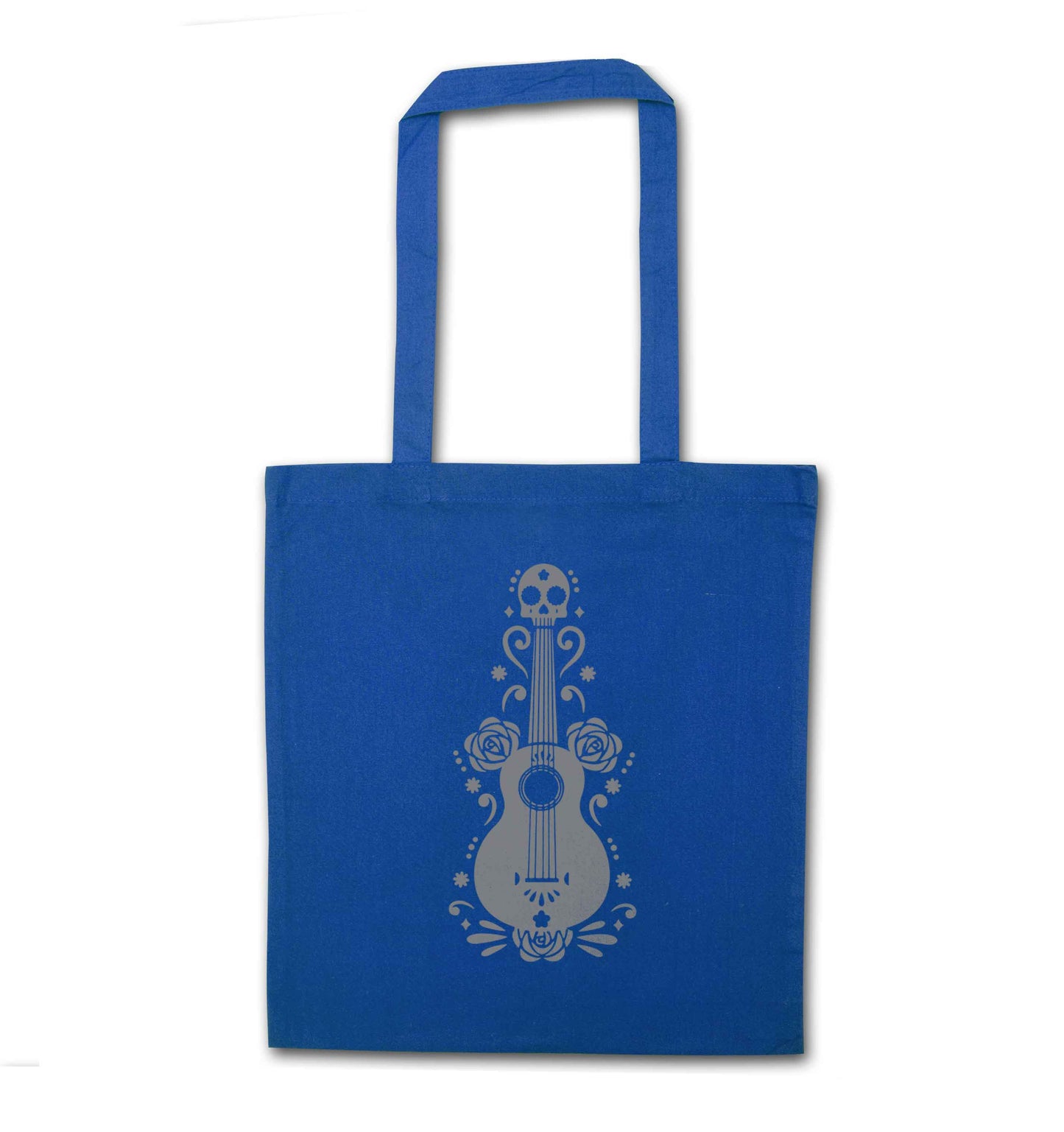 Guitar skull illustration blue tote bag