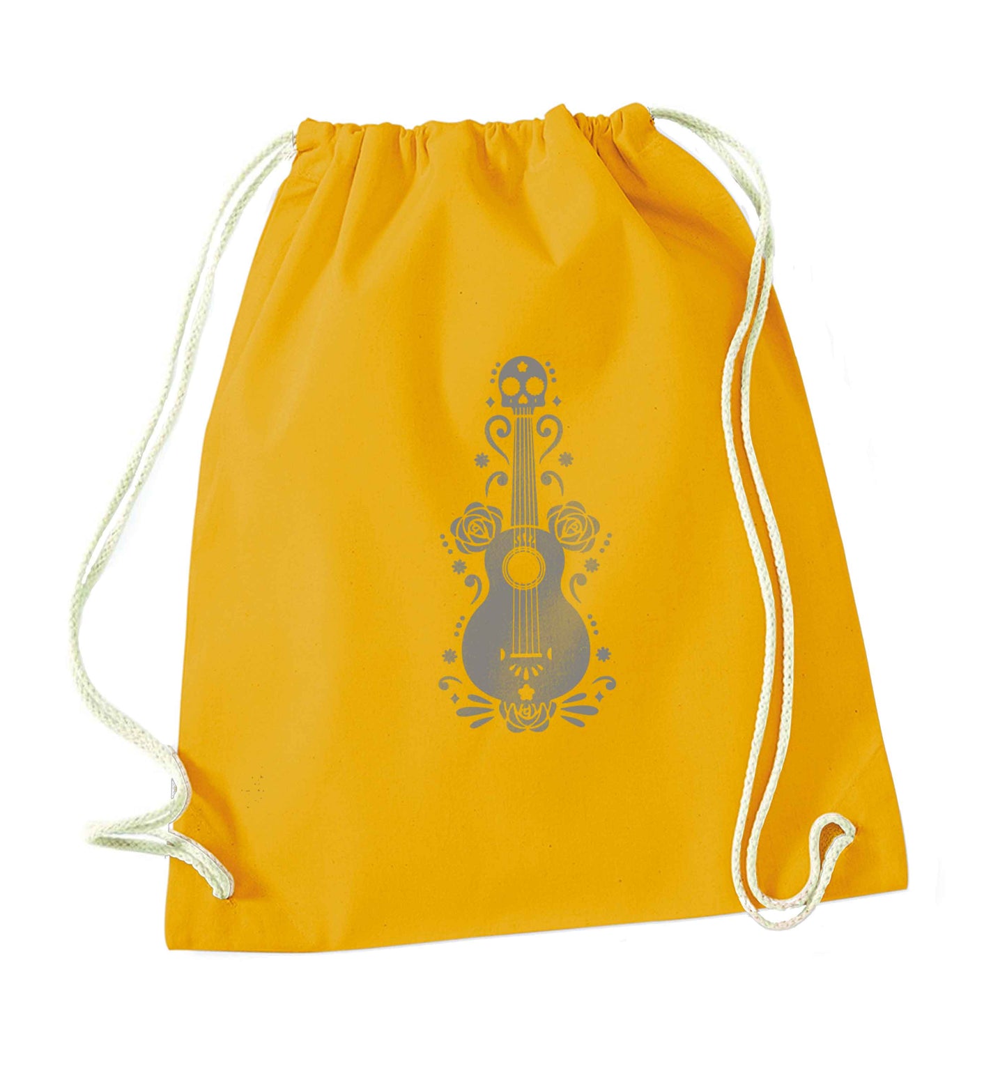 Guitar skull illustration mustard drawstring bag