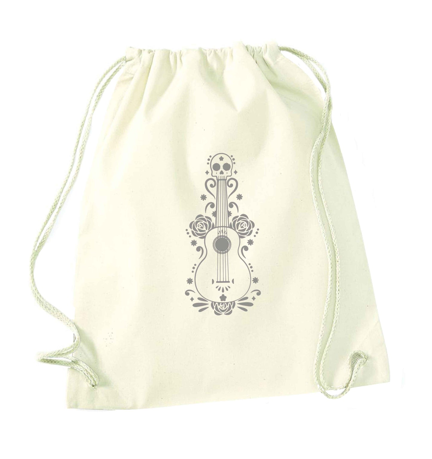 Guitar skull illustration natural drawstring bag