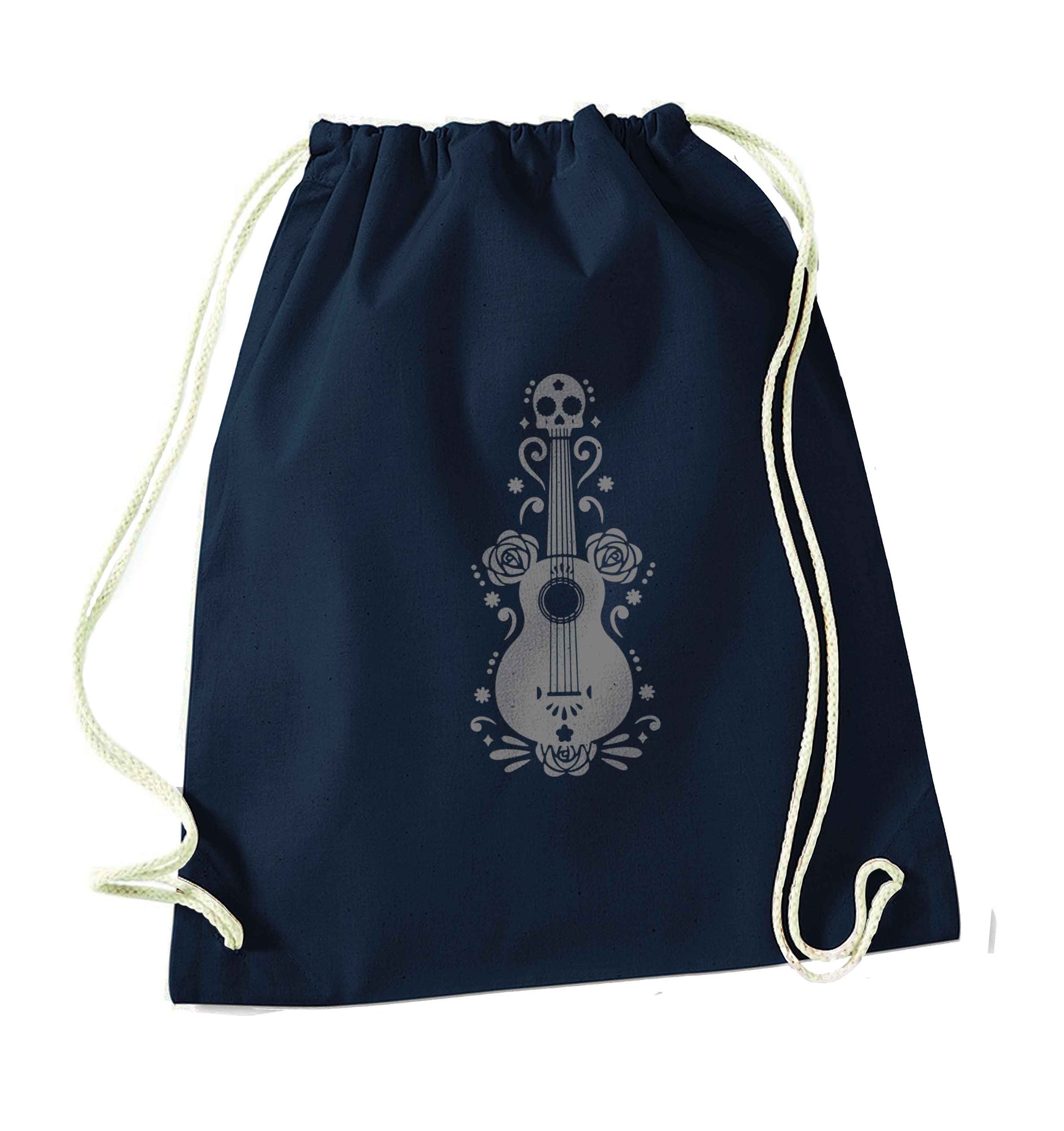 Guitar skull illustration navy drawstring bag
