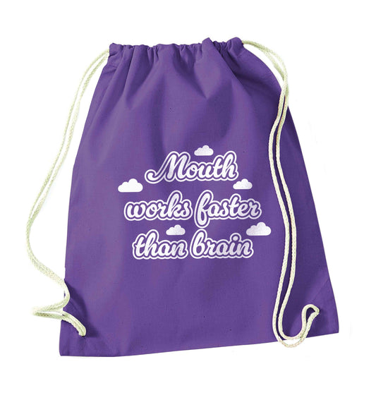 Mouth works faster than brain purple drawstring bag