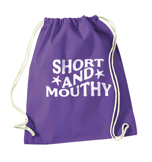 Short and mouthy purple drawstring bag