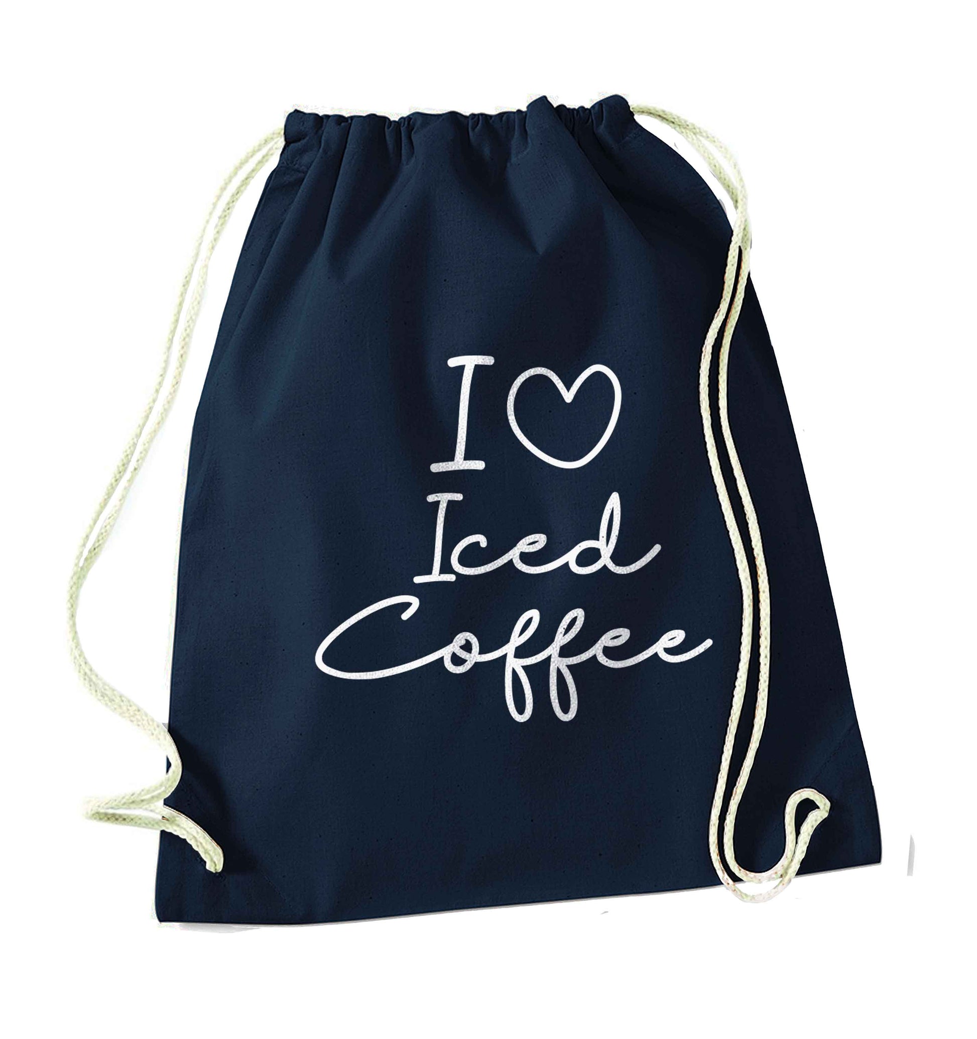 I love iced coffee navy drawstring bag