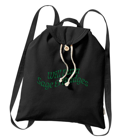 Will burn bridges and sage organic cotton backpack tote with wooden buttons in black