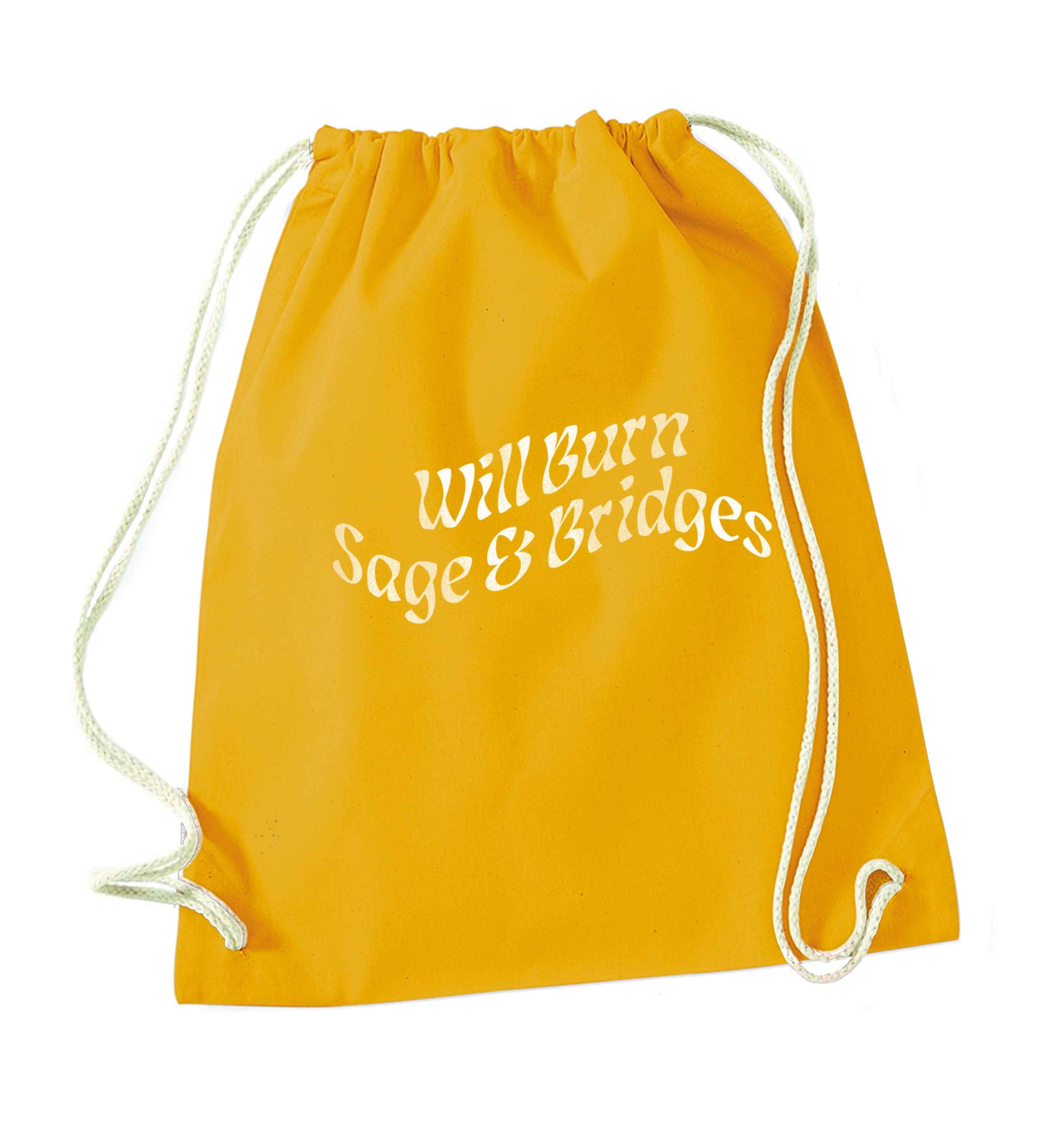 Will burn bridges and sage mustard drawstring bag