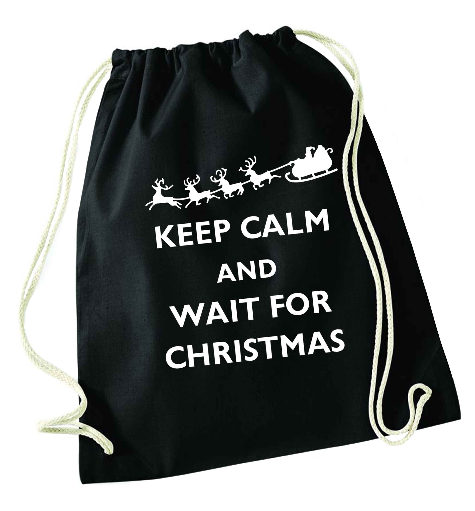 Keep calm and wait for Christmas black drawstring bag