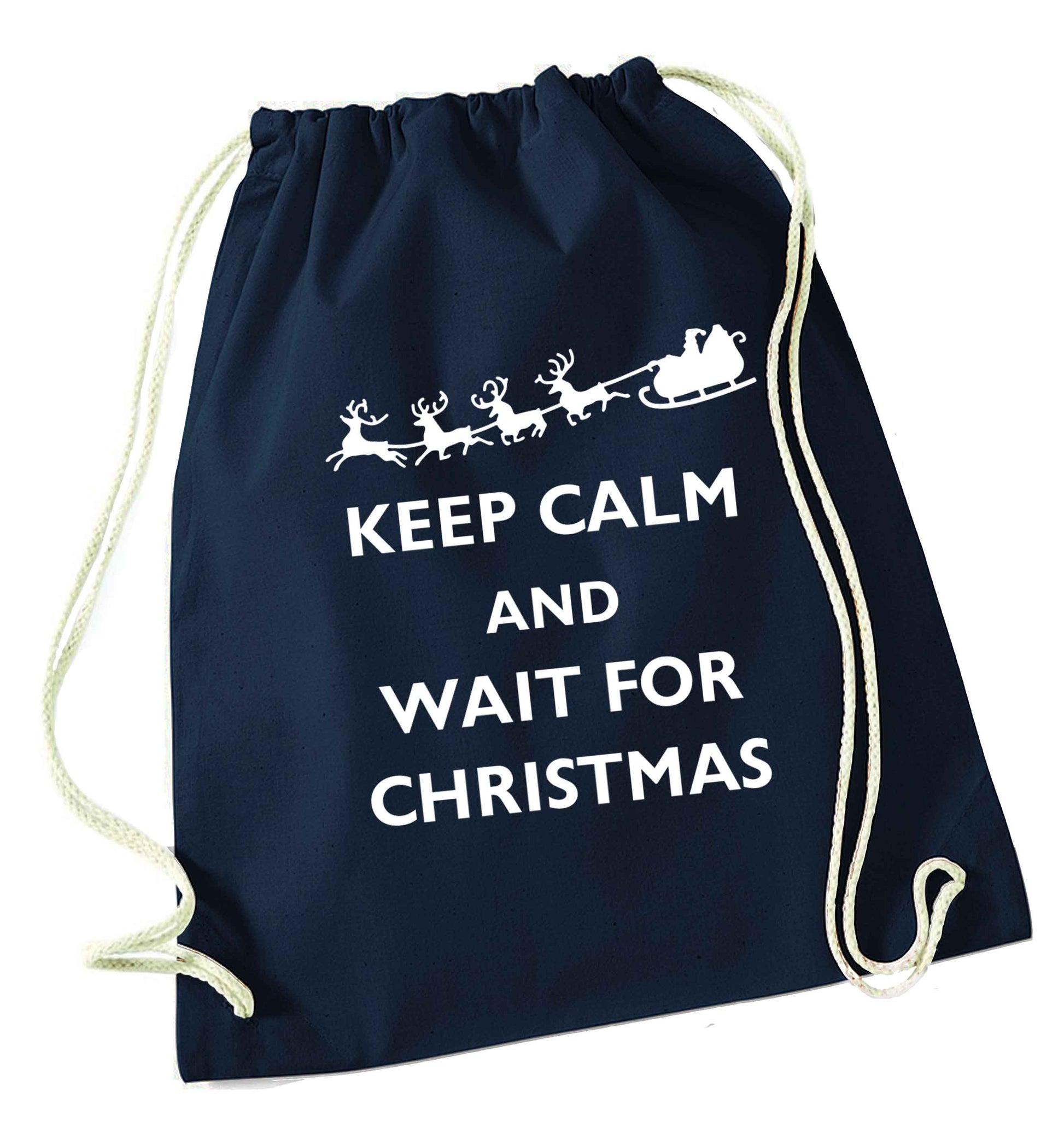 Keep calm and wait for Christmas navy drawstring bag