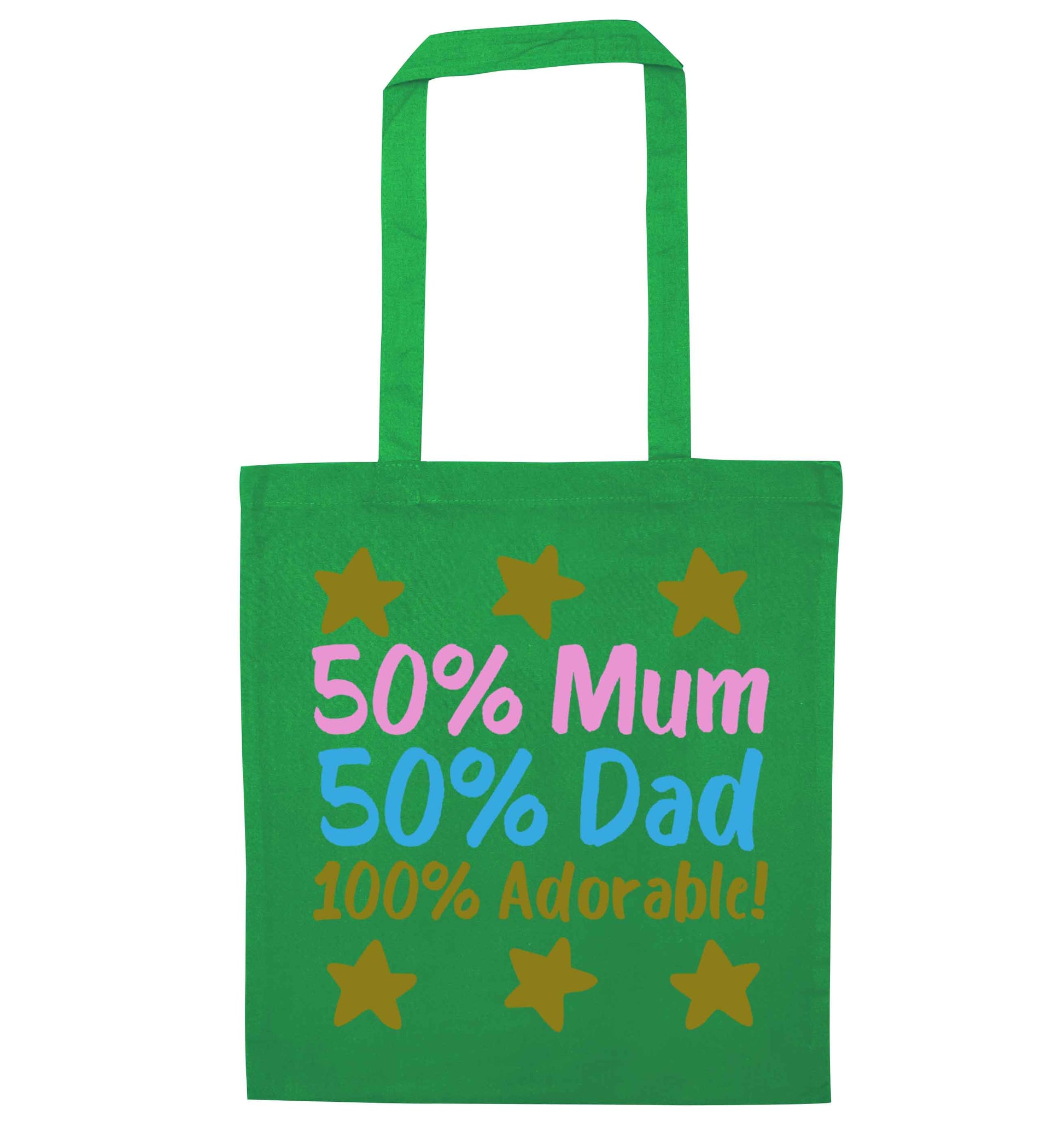 50% mum 50% dad 100% adorable green tote bag